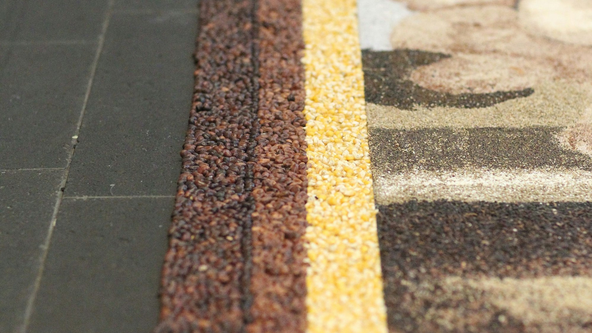 Nahaufnahme des Ernteteppich-Randes mit braunen Bohnen und gelben Maiskörnern, die den Rahmen des Bildes bilden.