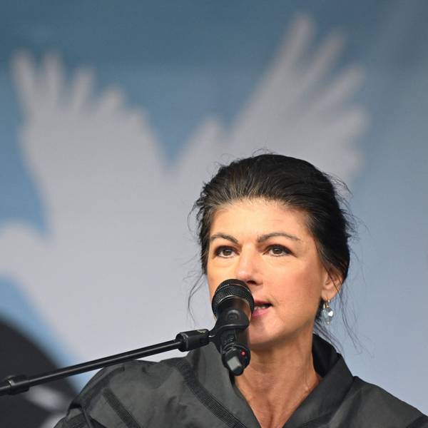 Sahra Wagenknecht, leader of the left-wing Sahra Wagenknecht Alliance (BSW) party
addresses an anti-war demonstration in Berlin on October 3, 2024. (Photo by RALF HIRSCHBERGER / AFP)