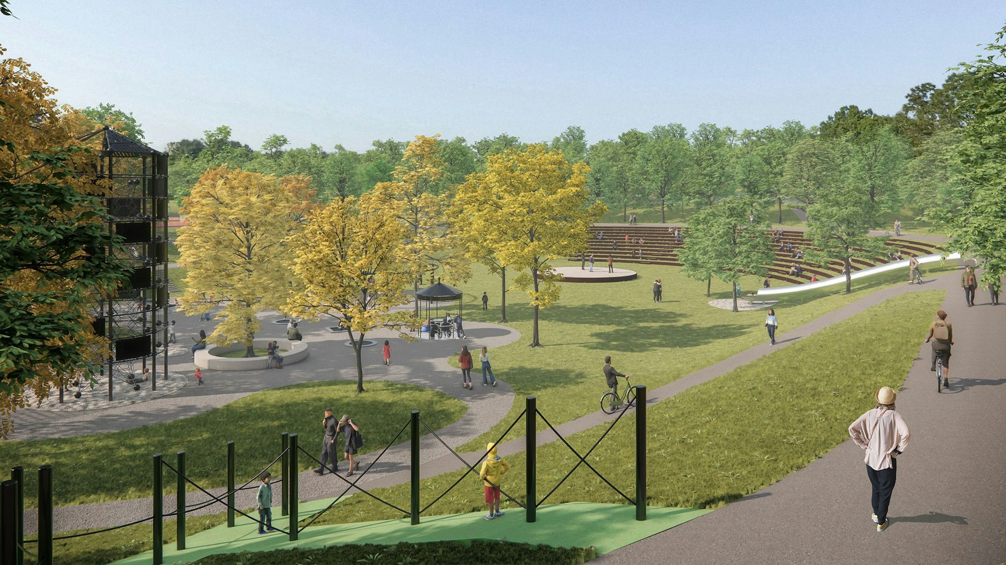 Die Visualisierung zeigt viel Grün, Spielgeräte und Sitzränge im Bereich der früheren Radrennbahn am Stadion Alt-Hürth.