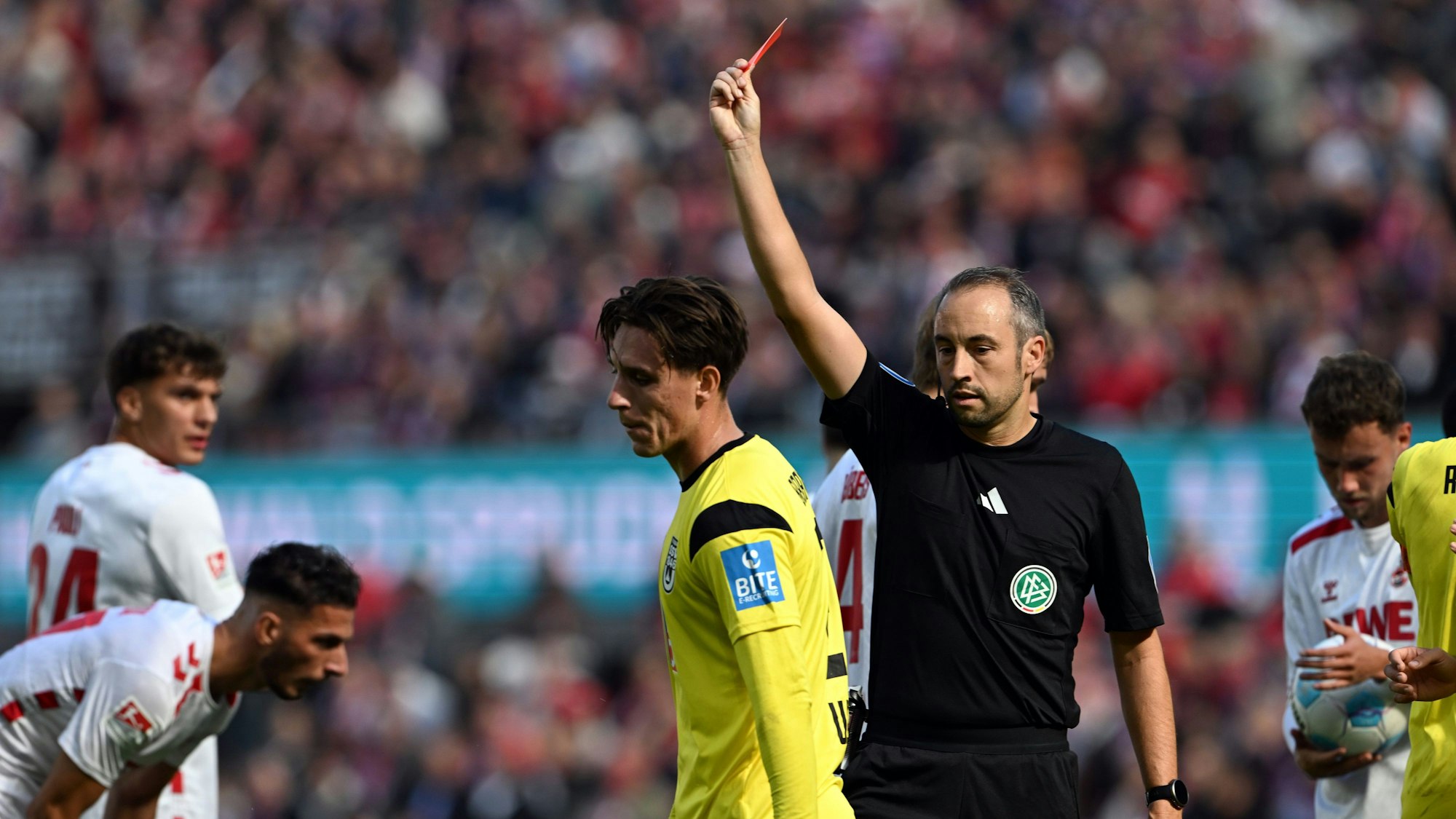 05.10.2024, Nordrhein-Westfalen, Köln: Fußball: 2. Bundesliga, 1. FC Köln - SSV Ulm 1846, 8. Spieltag, im RheinEnergieStadion, Schiedsrichter Patrick Alt zeigt Ulms Max Brandt die Rote Karte. Foto: Federico Gambarini/dpa - WICHTIGER HINWEIS: Gemäß den Vorgaben der DFL Deutsche Fußball Liga bzw. des DFB Deutscher Fußball-Bund ist es untersagt, in dem Stadion und/oder vom Spiel angefertigte Fotoaufnahmen in Form von Sequenzbildern und/oder videoähnlichen Fotostrecken zu verwerten bzw. verwerten zu lassen. +++ dpa-Bildfunk +++