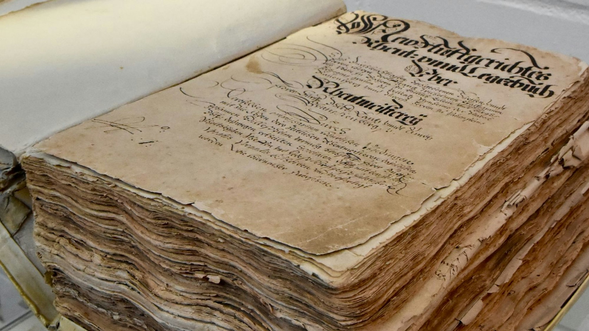 Ein dickes Buch mit vergilbten Seiten und alter Schrift.