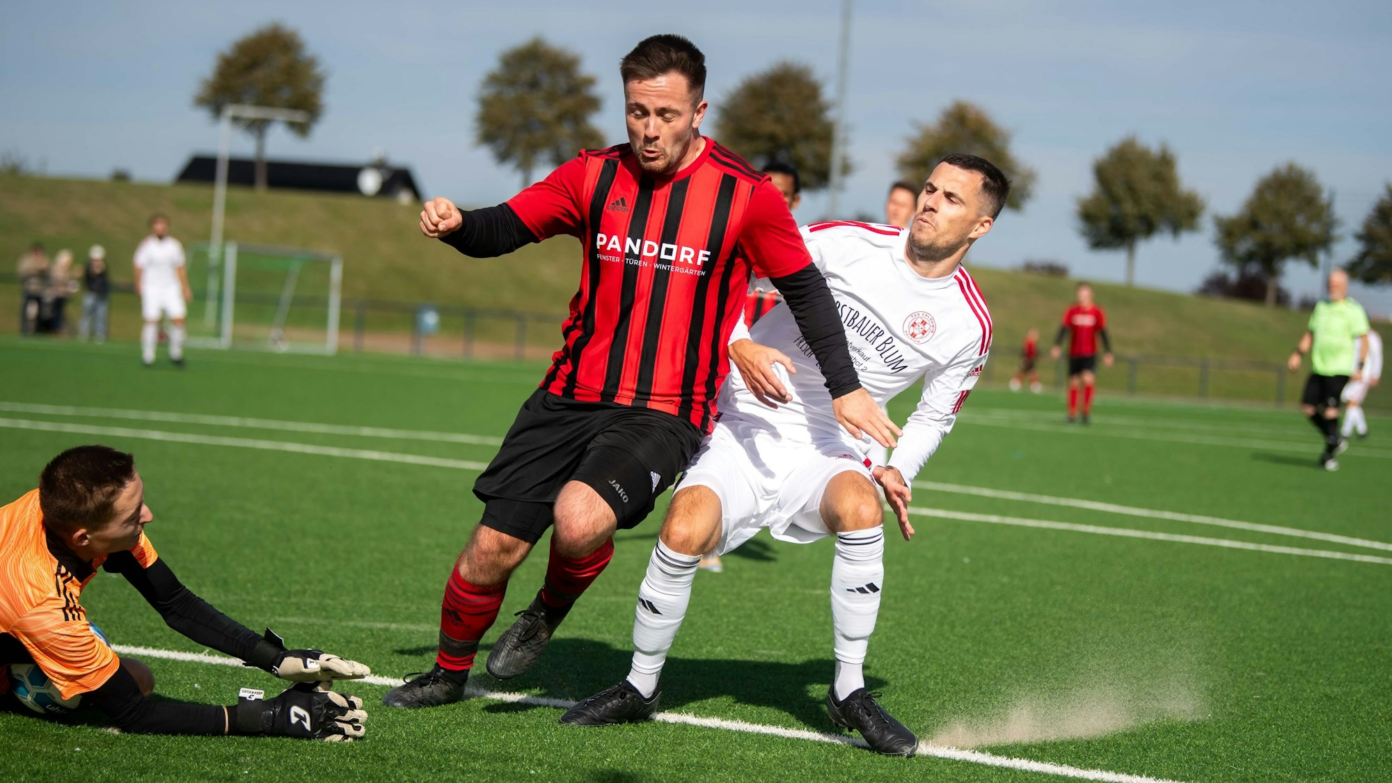 Das Bild zeigt Torwart Yannick Wilkens, der den Ball unter seinem Oberkörper begräbt.