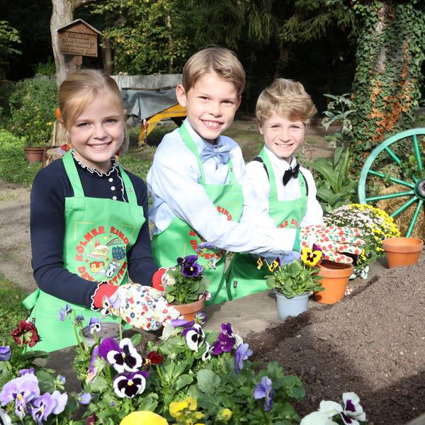 Zwei Jungen und ein Mädchen mit Gartenschürzen und -handschuhen beim Einpflanzen von Blumen.