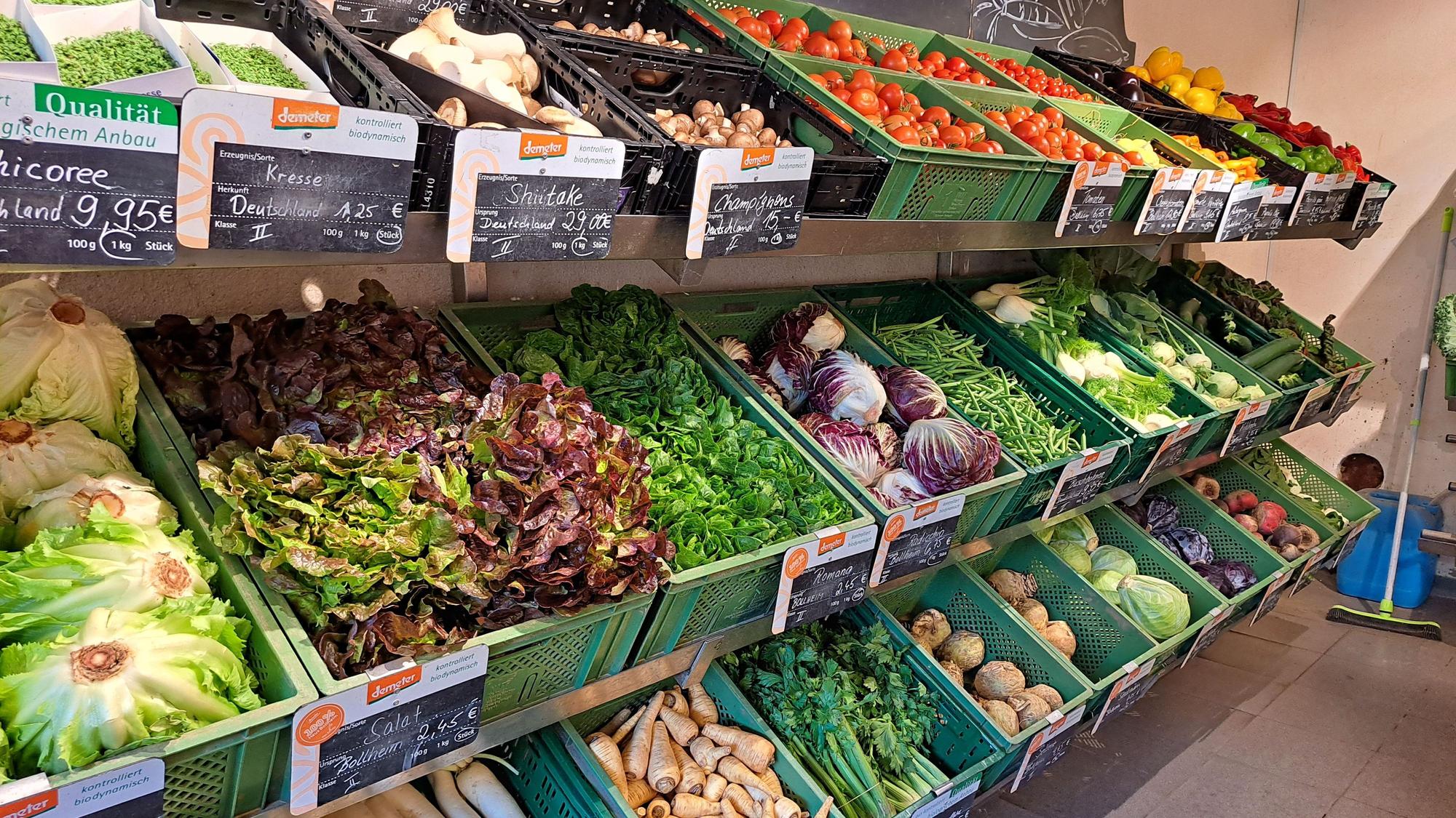 In einem langgestreckten Gemüseregal sieht man Salat, Tomaten, Kohl und vieles mehr. .