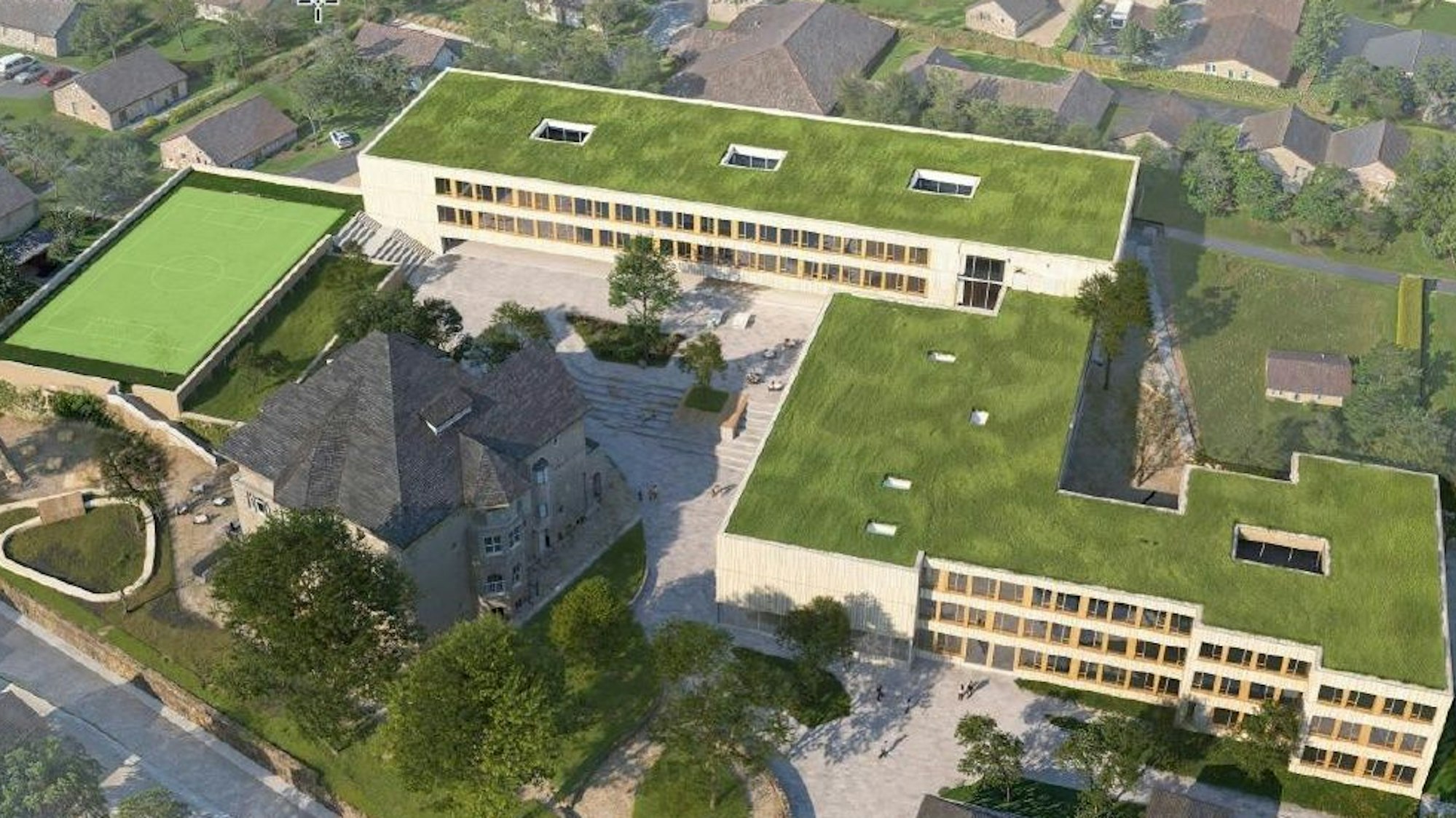 Eine Visualisierung zeigt Gebäude mit begrünten Dächern.