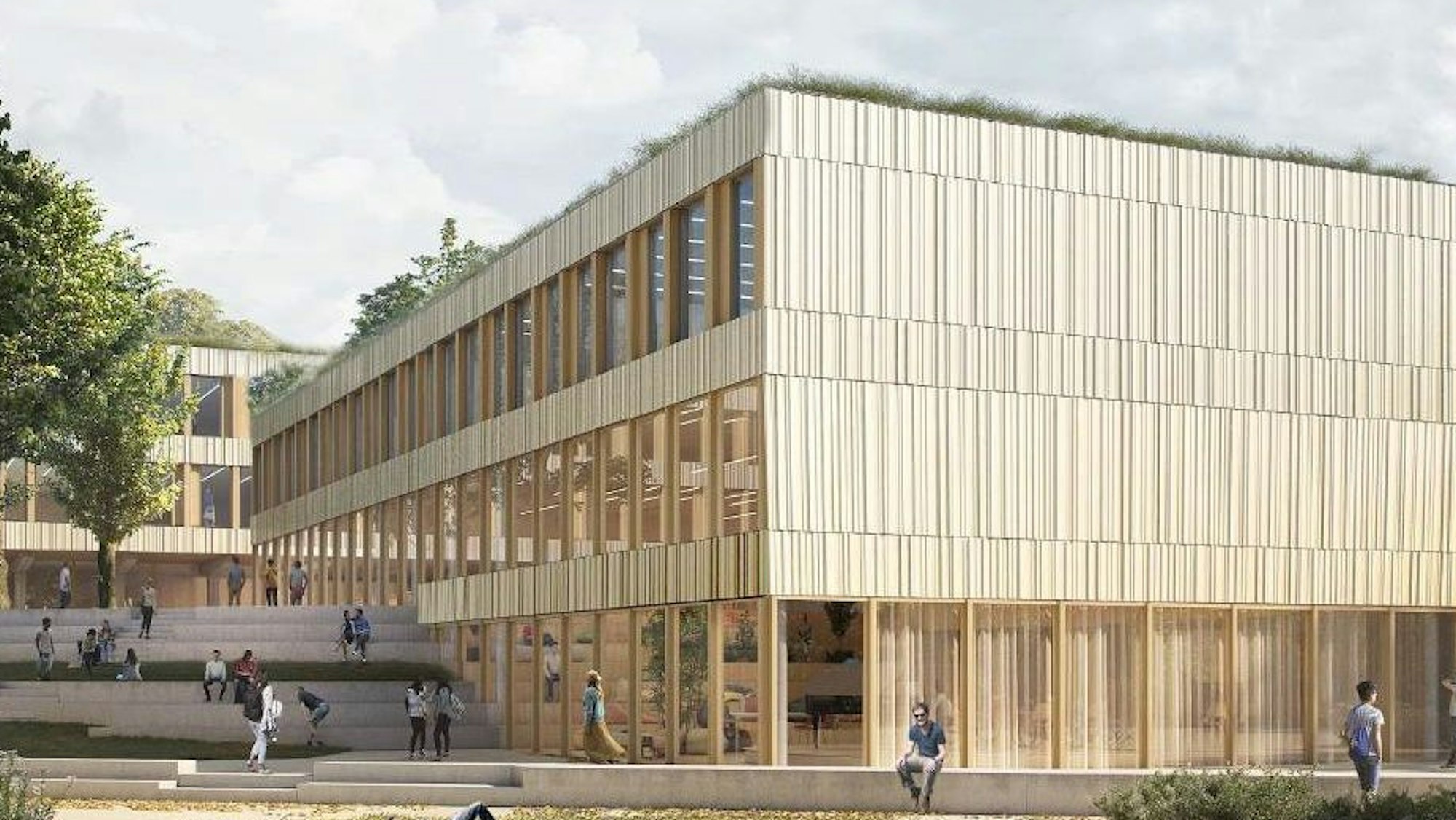 Eine Visualisierung zeigt einen Entwurf des künftigen Schulgebäudes.
