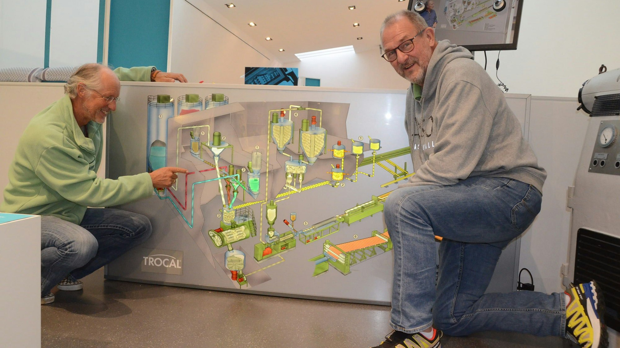 Zwei Männer knien neben dem Schaubild einer Produktionsanlage.