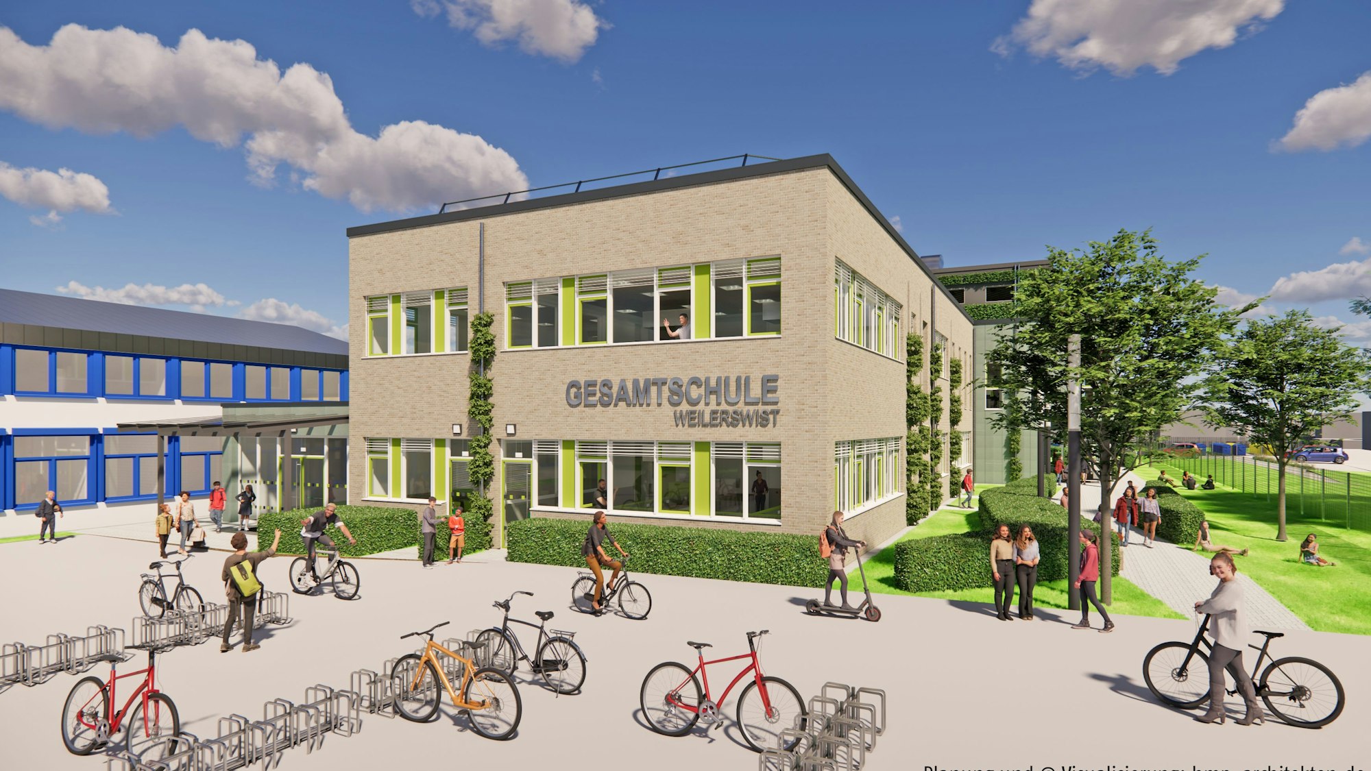 Eine Animation zeigt den Haupteingang des geplanten Neubaus für die Gesamtschule Weilerswist.