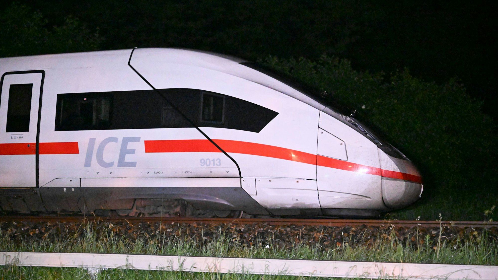 Ein ICE der Deutschen Bahn steht Mitten in der Nacht auf freier Strecke.