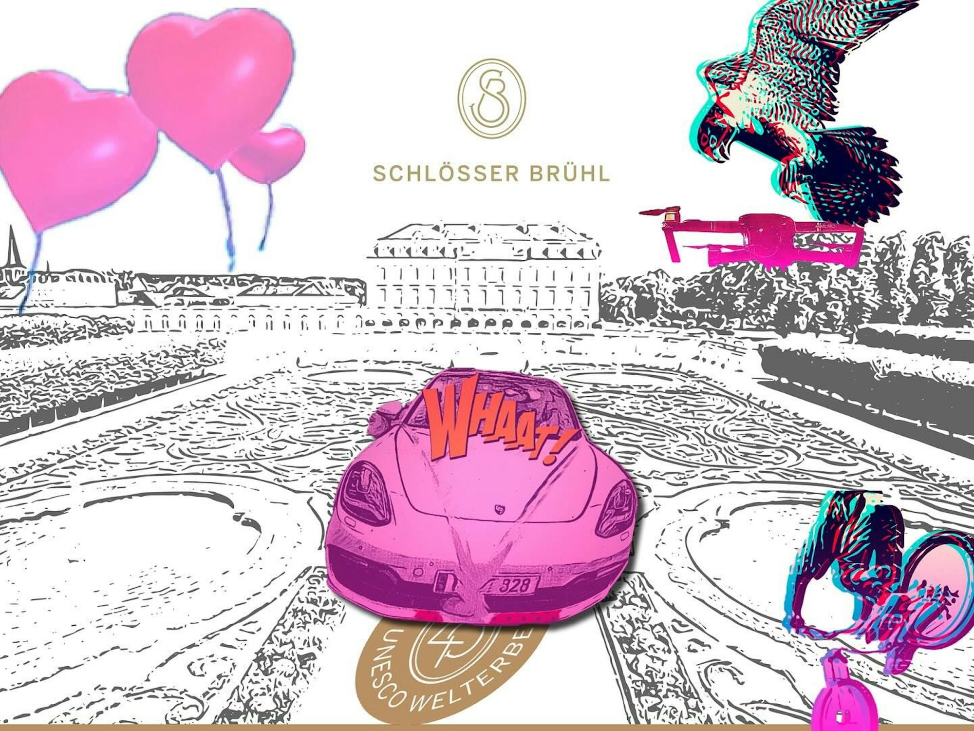 Auf der Zeichnung ist ein pinker Porsche inmitten des Schlossparks Brühl zu sehen.