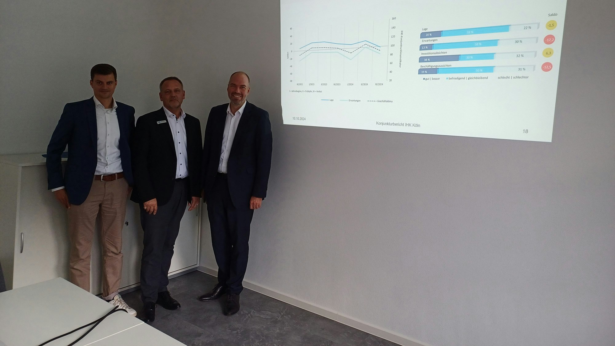 Matthias Franken (v.l.), Jörg Hausmann und Hendrik Pilatzki von der IHK zeigen die Statistik für Leverkusen.