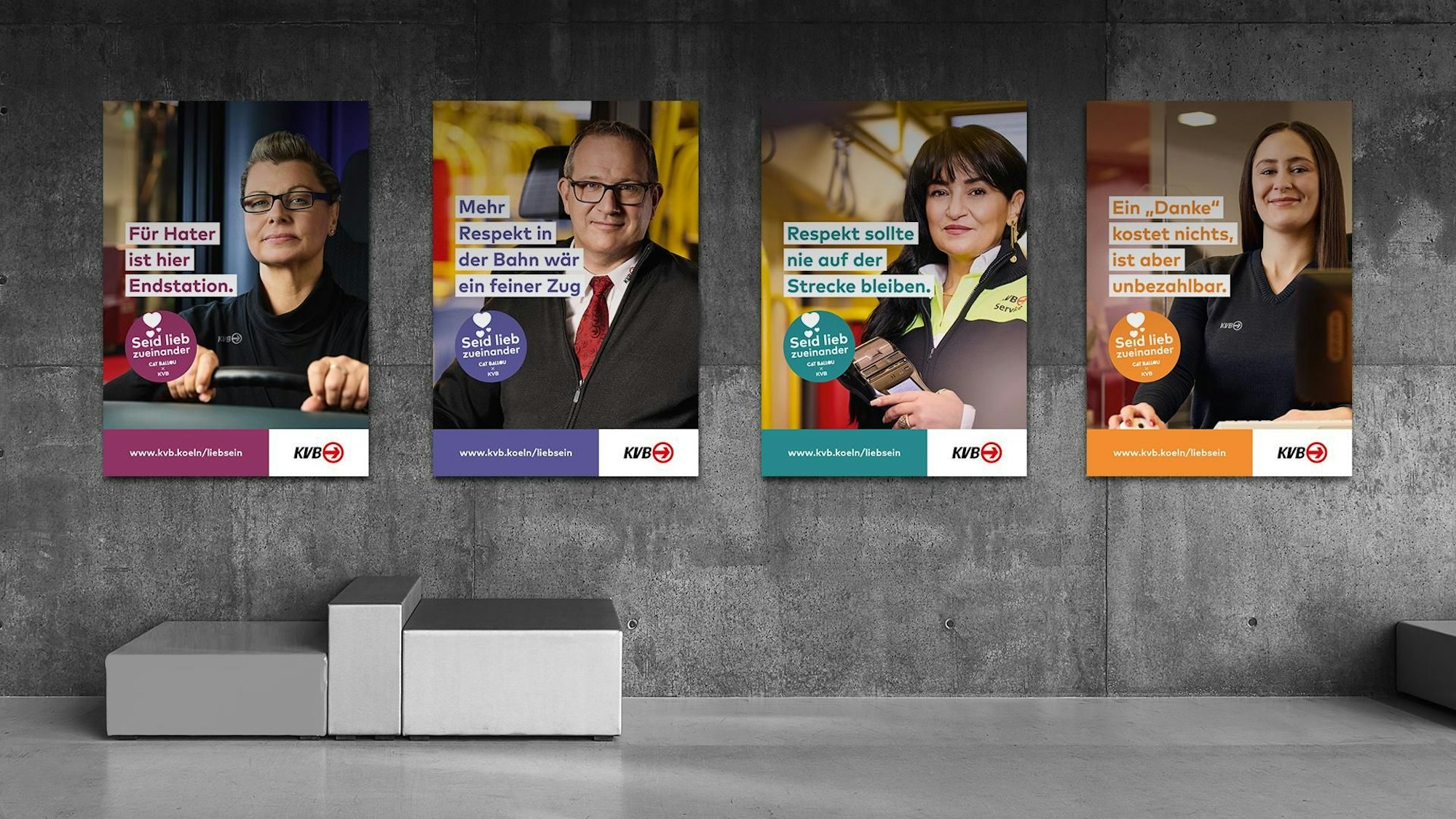 KVB Busfahrerin, Bahnfahrer, Mitarbeiterin des Kundencenters und Servicekraft bringen die Kampagne auf Plakaten durch die Stadt