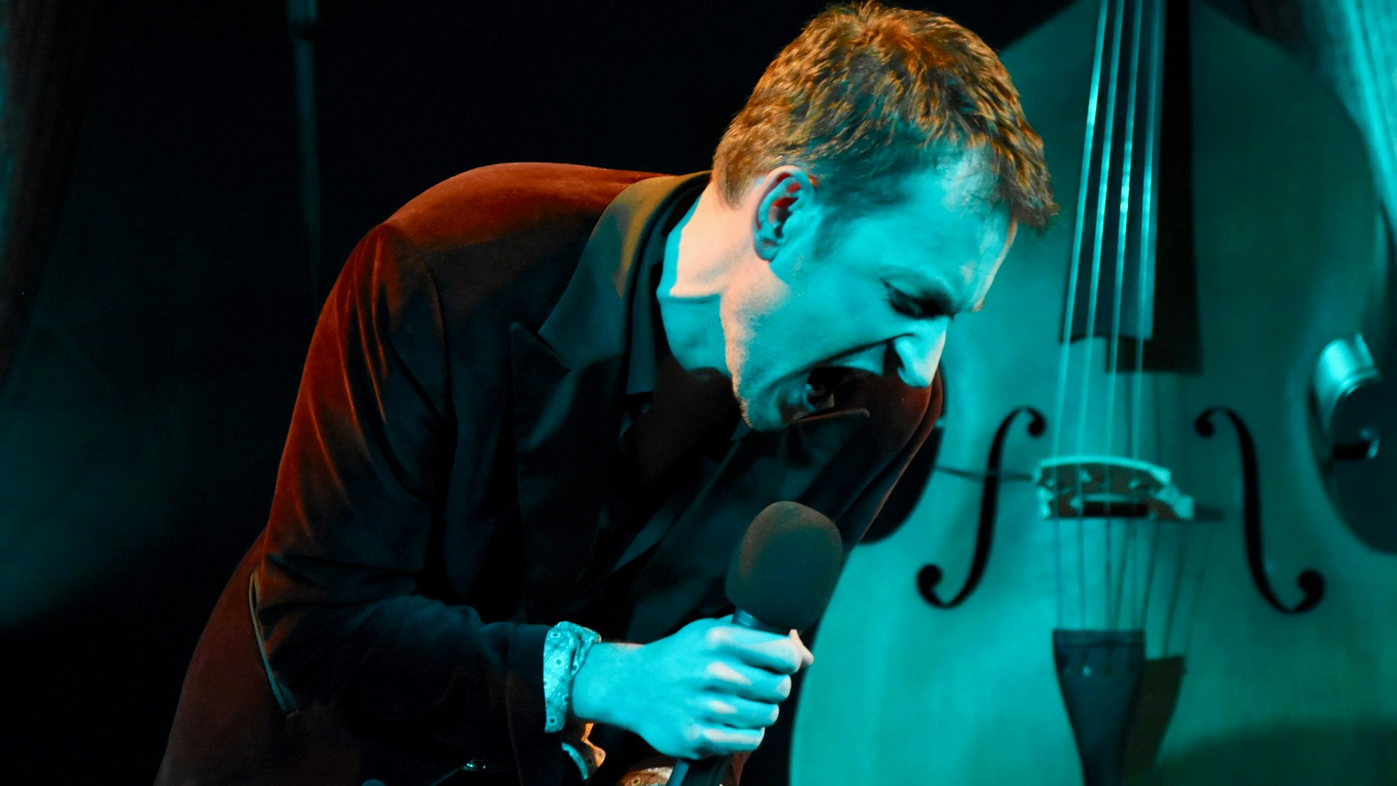 Ein Sänger mit Mikrophon neben einem Kontrabass