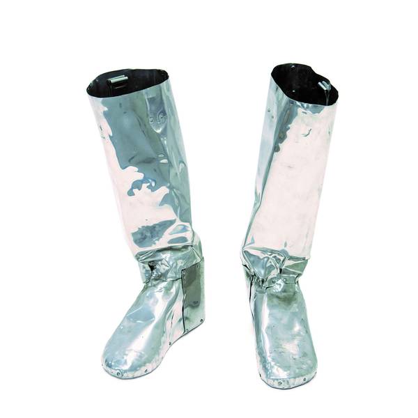 Zwei silbrig glänzende Reitstiefel stehen nebeneinander.
