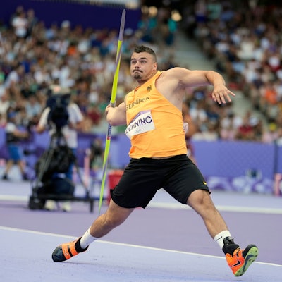 Max Dehning, of Germany, competes during the men's javelin throw qualification at the 2024 Summer Olympics, Tuesday, Aug. 6, 2024, in Saint-Denis, France. (AP Photo/Matthias Schrader)