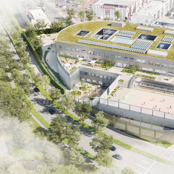 Visualisierung des zur Gesamtschule umgebauten Kalker Odysseums in der Corintostraße. Das Museum soll im Sommer 2025 schließen, die Schule 2028 einziehen.