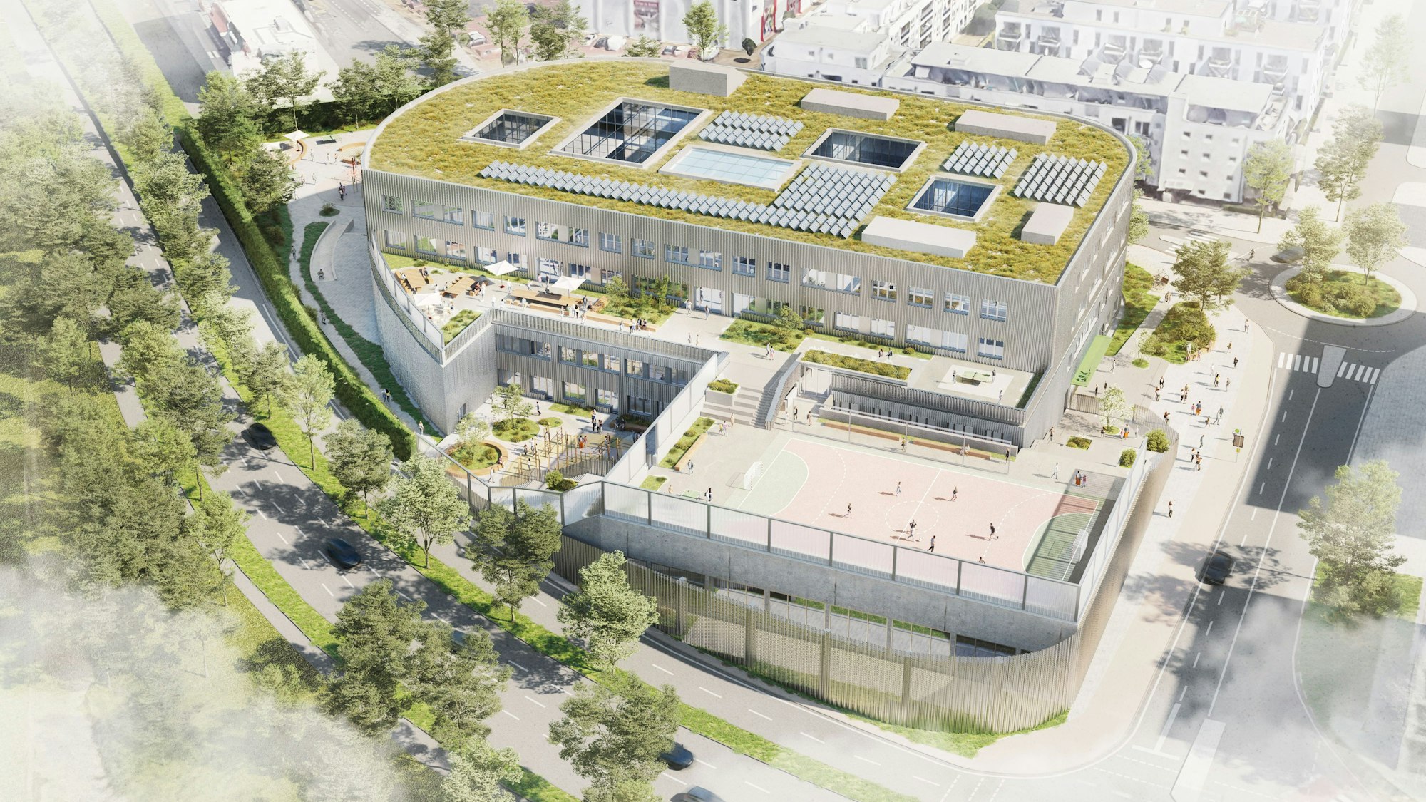 Visualisierung des zur Gesamtschule umgebauten Kalker Odysseums in der Corintostraße. Das Museum soll im Sommer 2025 schließen, die Schule 2028 einziehen.