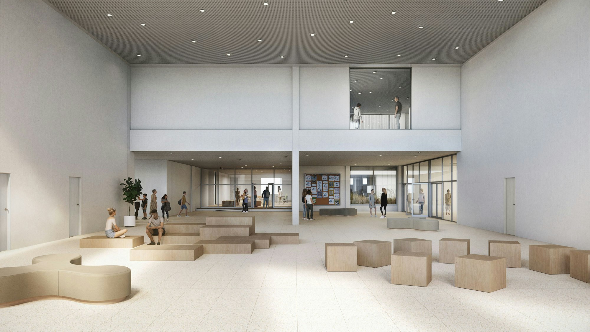 Visualisierung der Aula der neuen Kalker Gesamtschule, die 2028 in das Odysseum ziehen soll.