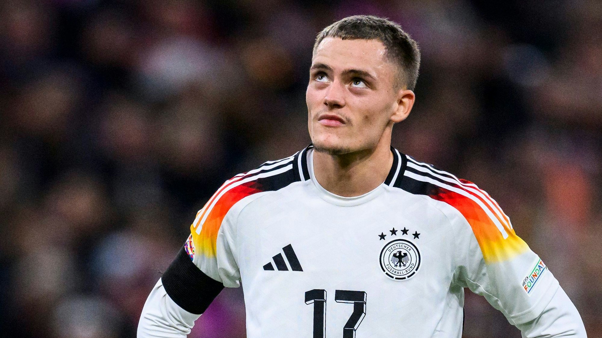 14.10.2024, Bayern, München: Fußball: Nations League A, Deutschland - Niederlande, Gruppenphase, Gruppe 3, 4. Spieltag, Allianz Arena. Deutschlands Florian Wirtz reagiert im Spiel. (zu dpa: «Wirtz zieht sich Kapselverletzung am Sprunggelenk zu») Foto: Tom Weller/dpa +++ dpa-Bildfunk +++