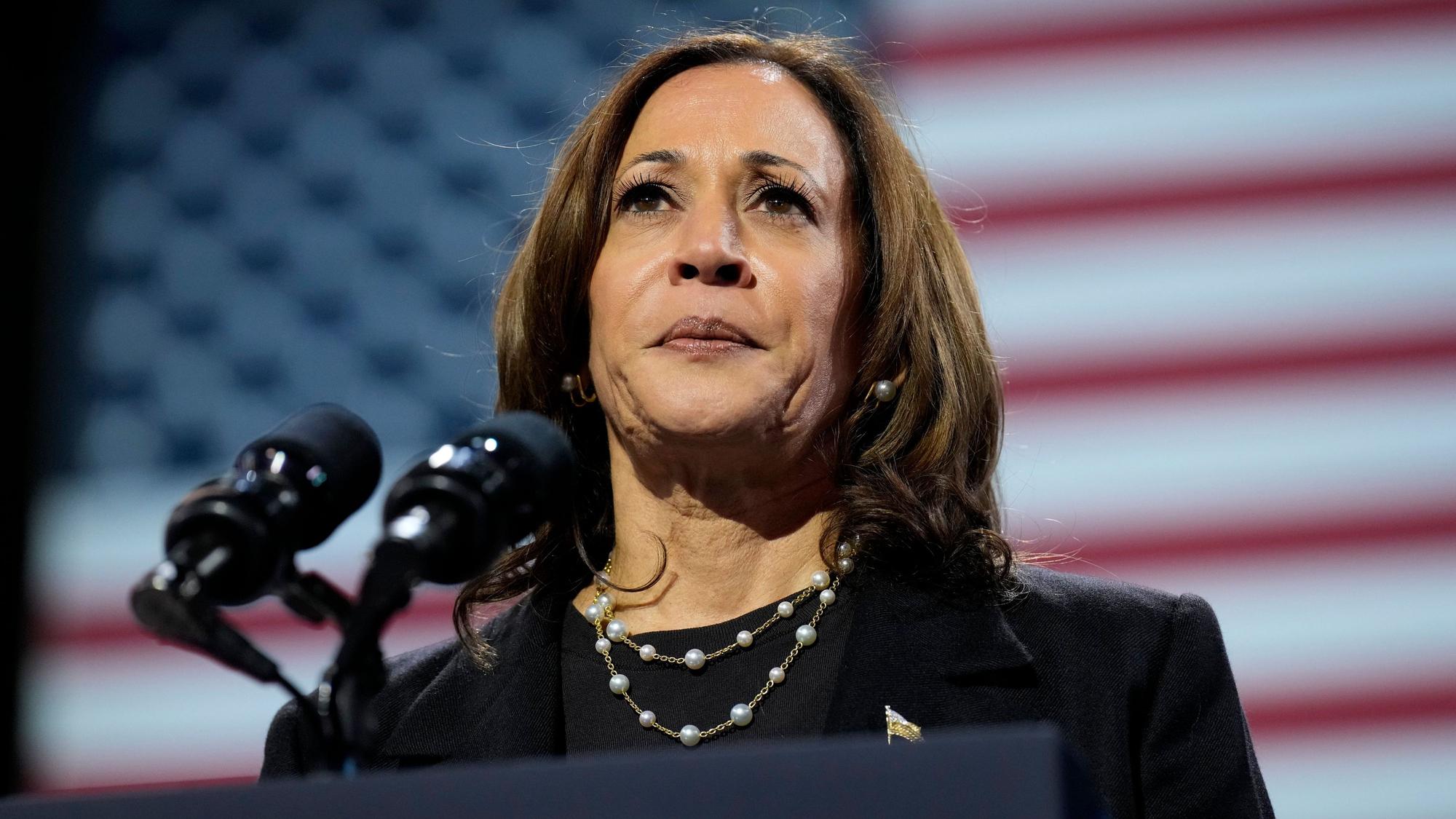 Die demokratische Präsidentschaftskandidatin und US-Vizepräsidentin Kamala Harris spricht während einer Wahlkampfveranstaltung in der Erie Insurance Arena