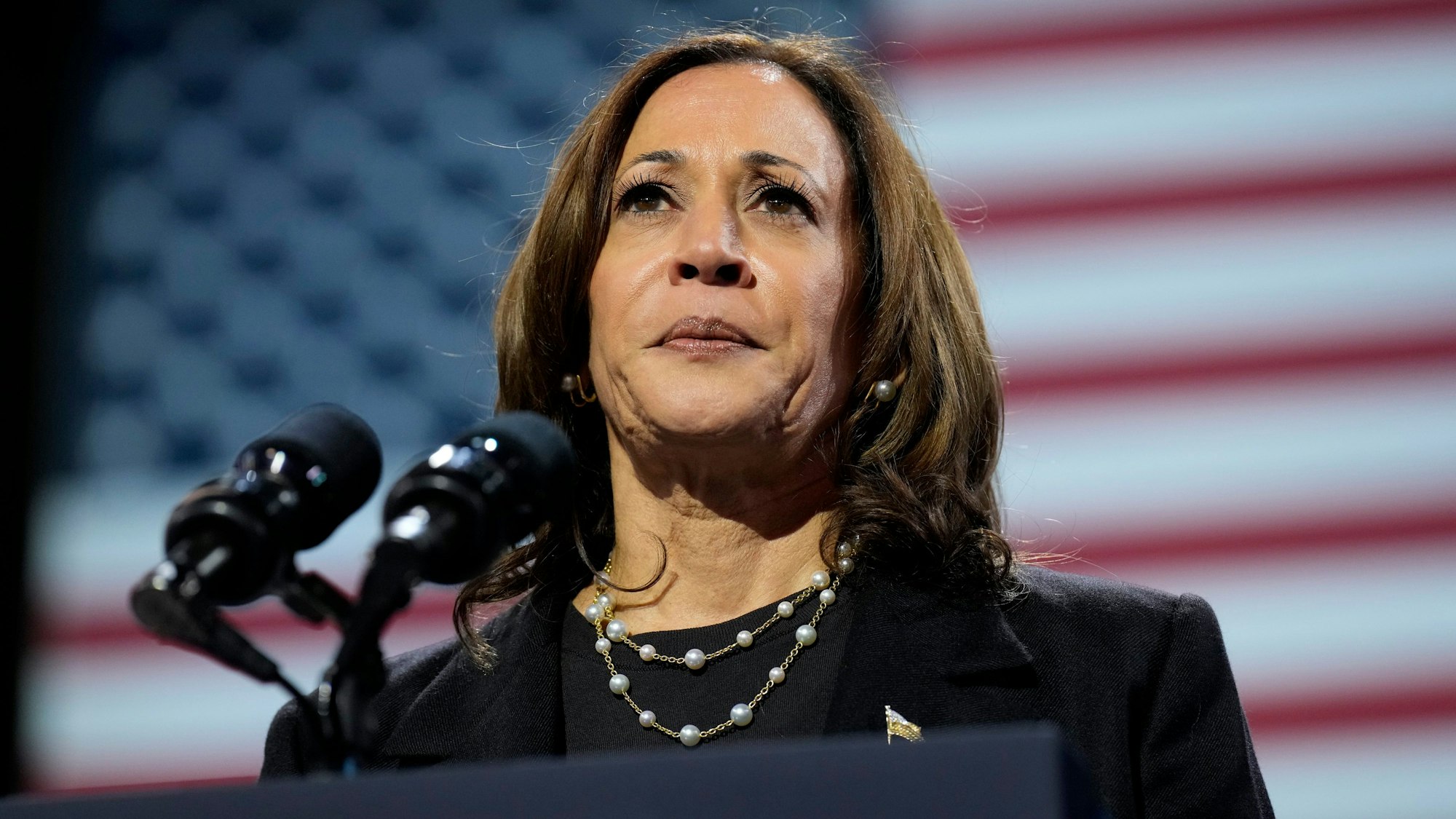 Die demokratische Präsidentschaftskandidatin und US-Vizepräsidentin Kamala Harris spricht während einer Wahlkampfveranstaltung in der Erie Insurance Arena