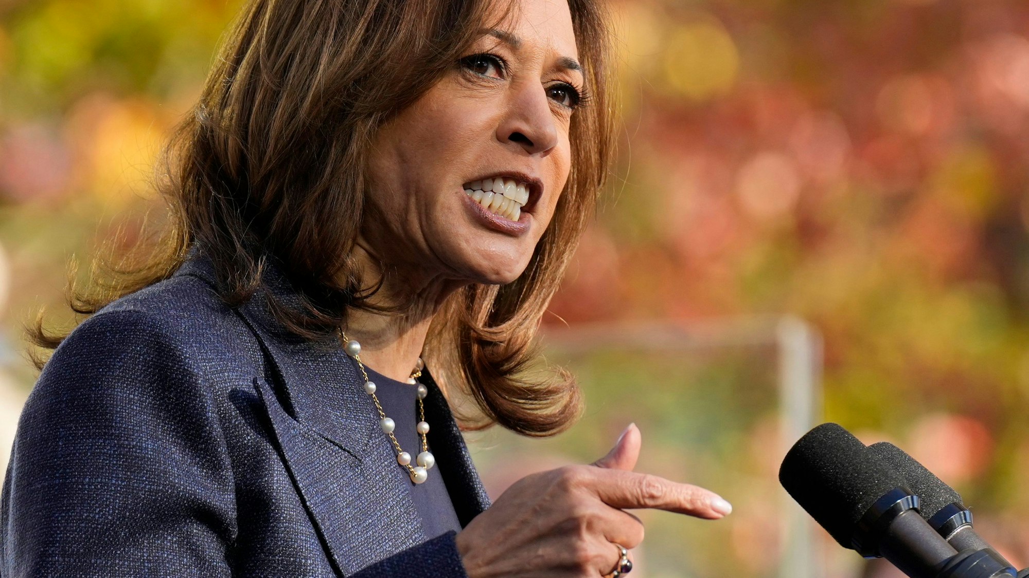 Die demokratische Präsidentschaftskandidatin und US-Vizepräsidentin Kamala Harris spricht bei einer Wahlkampfveranstaltung im Washington Crossing Historic Park.