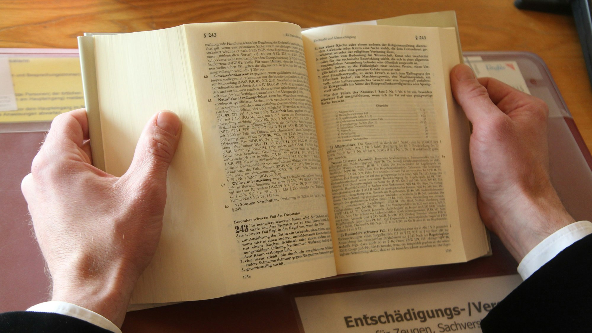 Zwei Hände halten ein aufgeschlagenes Gesetzbuch.