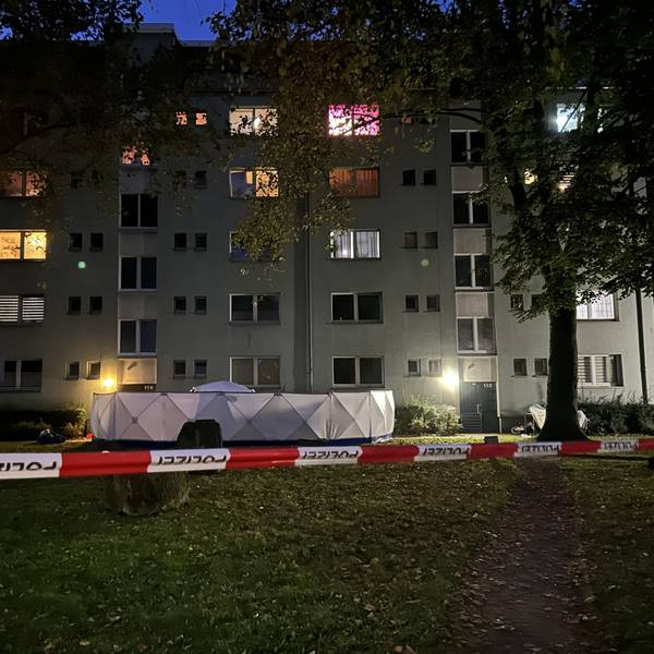Vor dem Eingang eiens Hauses ist ein Sichtschutz der Polizei aufgebaut.