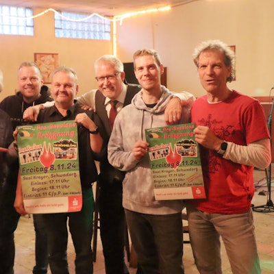 Männer halten Plakate.