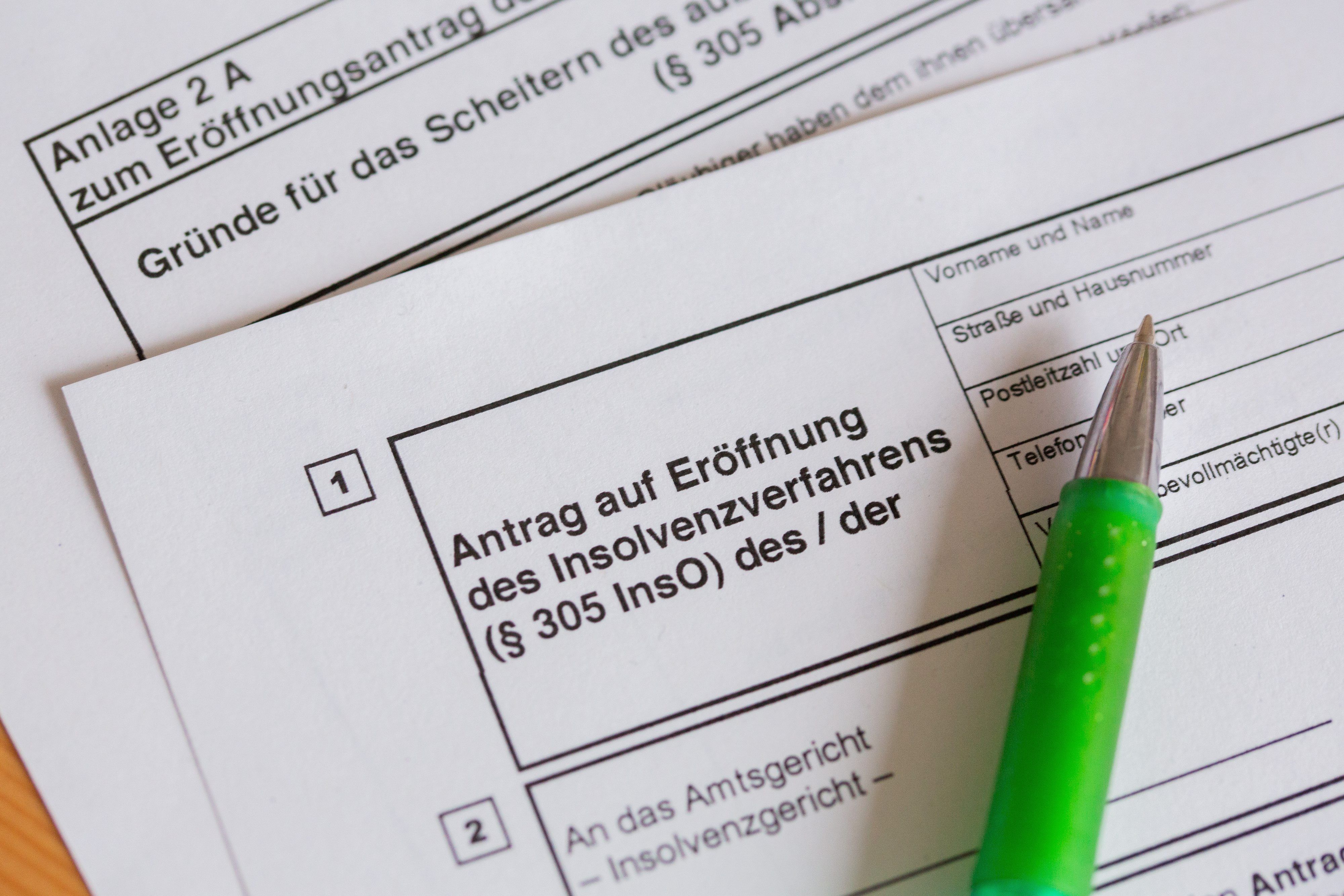 Ein Kugelschreiber liegt auf einem Antrag zur Eröffnung eines Insolvenzverfahrens.