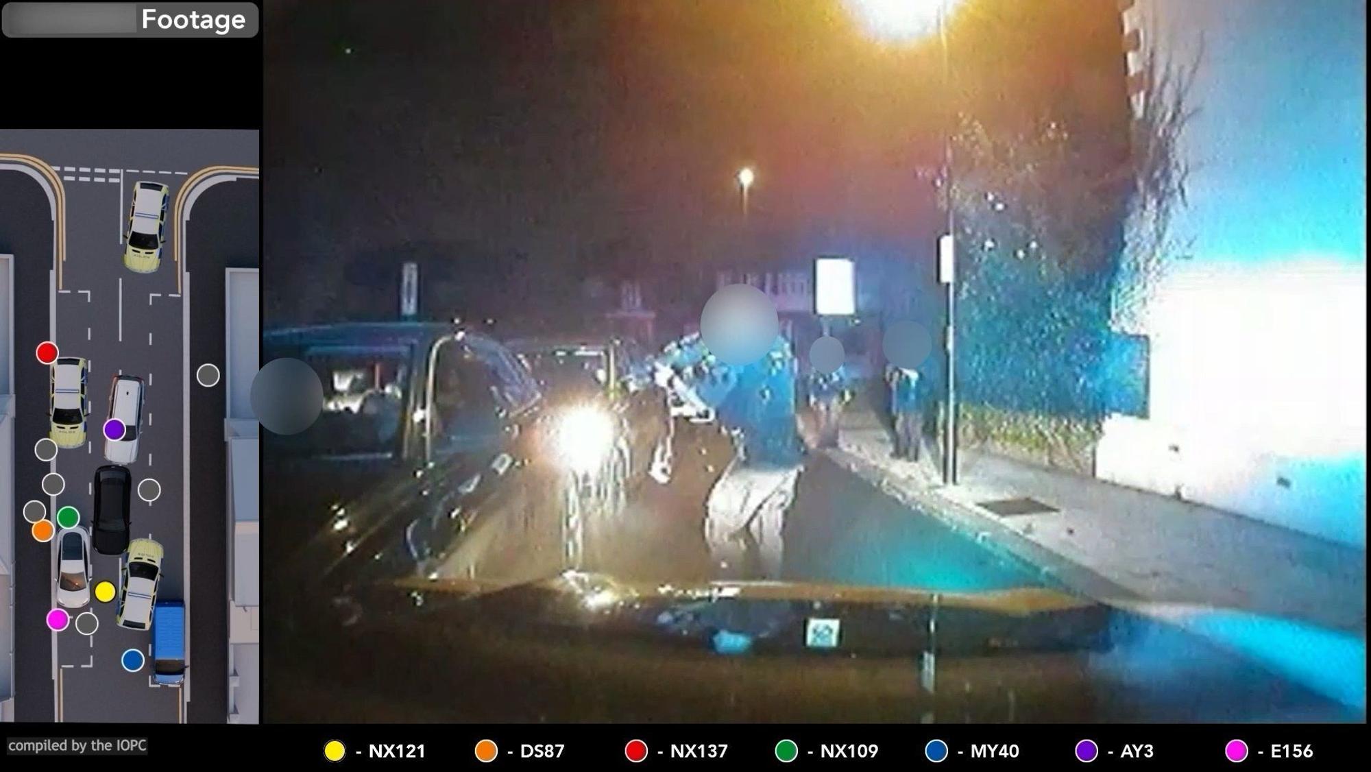 Dieser vom Unabhängigen Büro für polizeiliches Fehlverhalten (IOPC) zur Verfügung gestellte Handout-Bildschirmausschnitt zeigt eine Aufnahme aus der Body-Cam eines Polizisten.