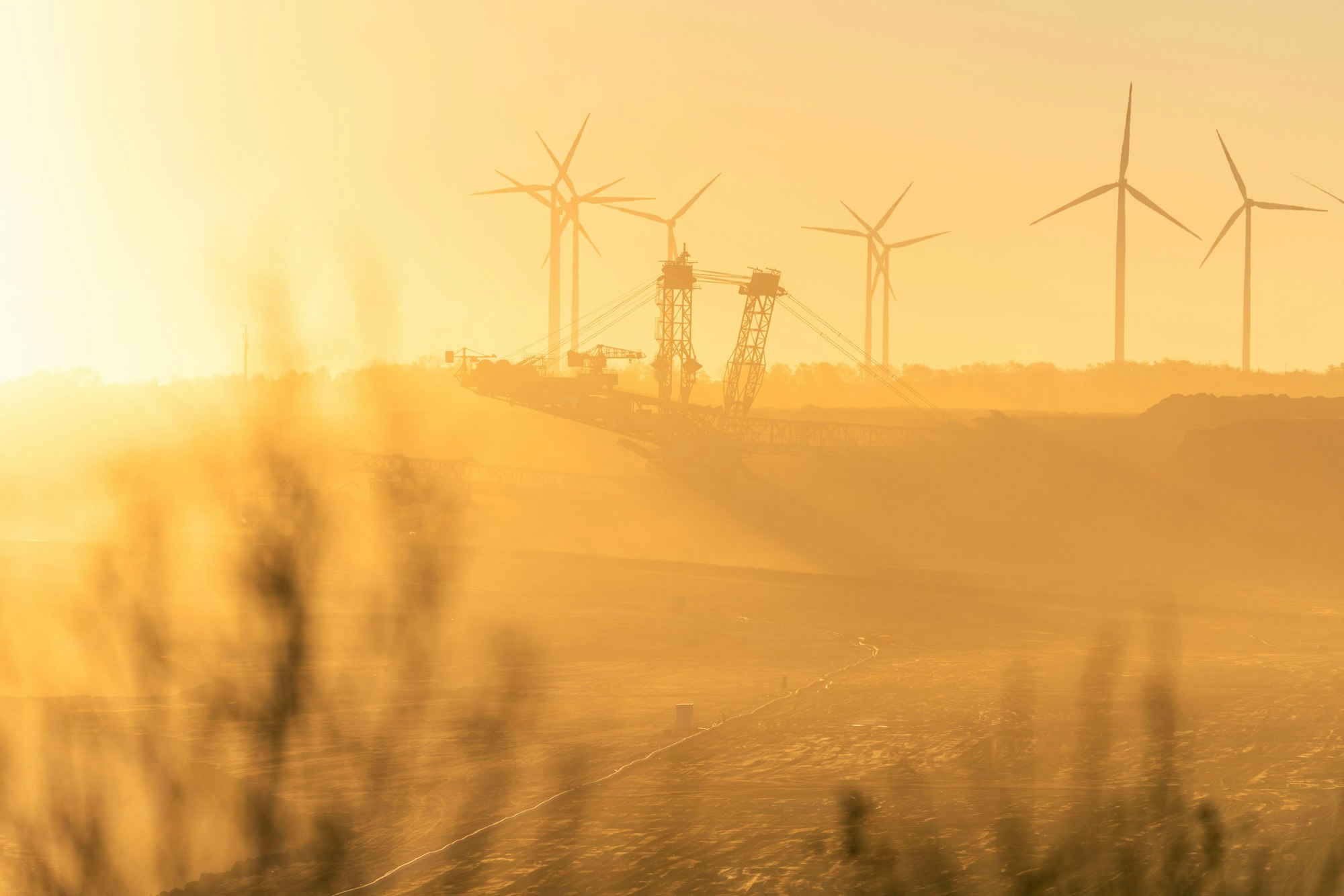 Das Bild ist durch den Sonnenaufgang tief orange, im Vordergrund ein paar verschwommene Sträucher, im Tagebau ein großer Bagger, und am Horizont einige Windräder.
