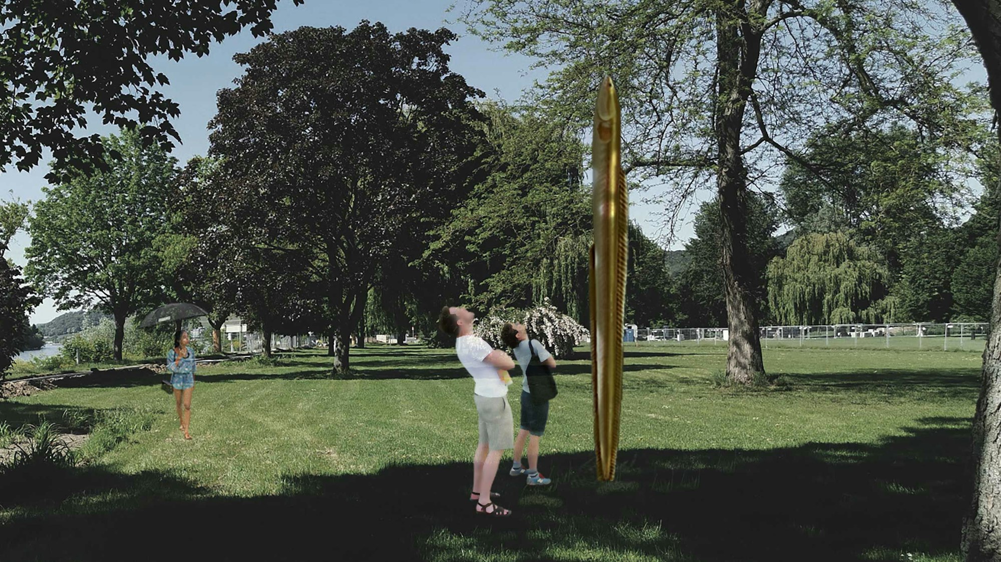 Eine Visualisierung zeigt zwei Personen in einem großen Park, die zu einer hohen Bronzefigur aufschauen.