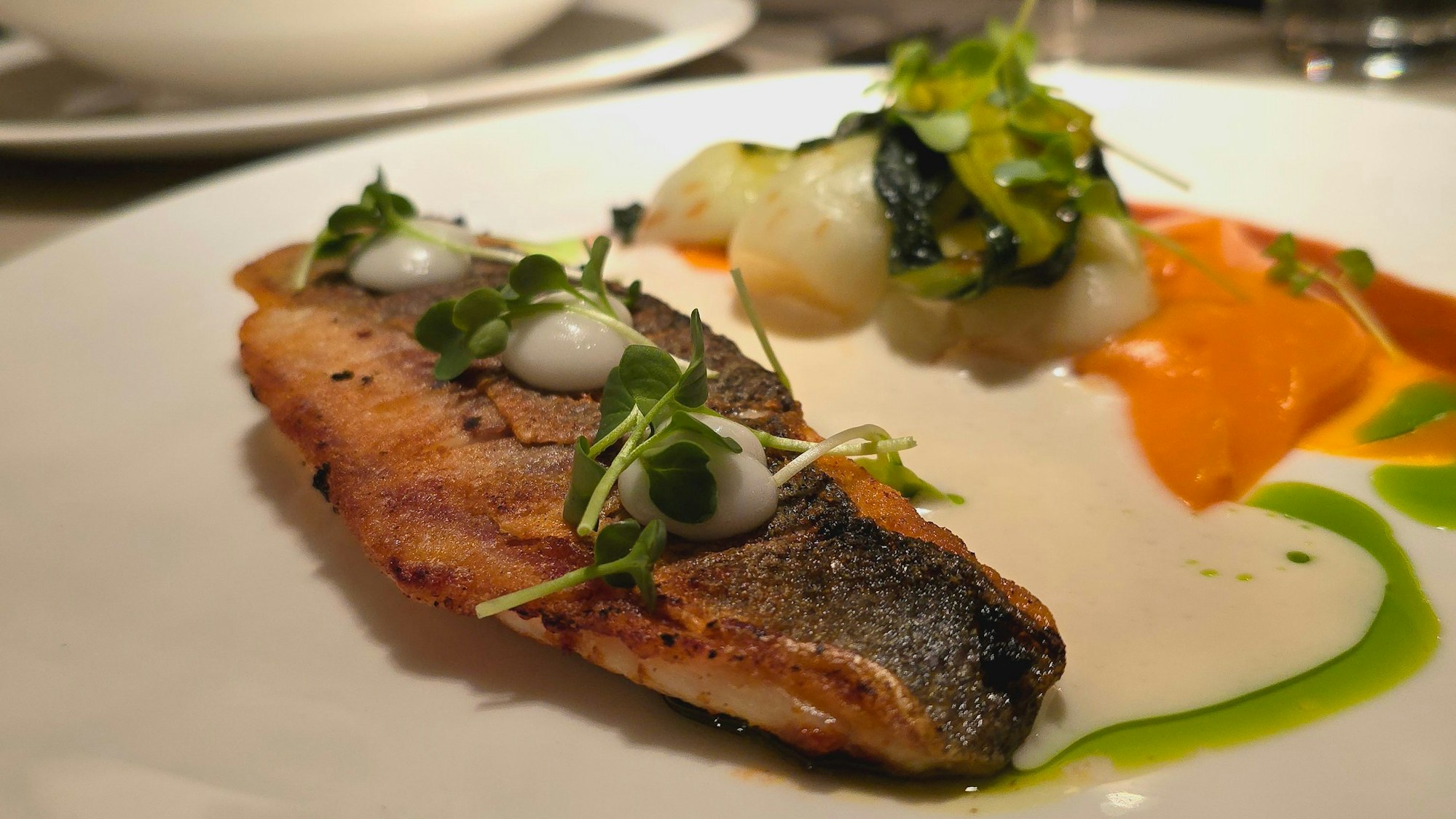 Salóme Wolfsbarsch: A la plancha, Salome’s Tunke aus selbstgemachtem Tomatenmark, Zitrone und Knoblauch, Ingwer-Süßkartoffel-Créme, Pak Choi