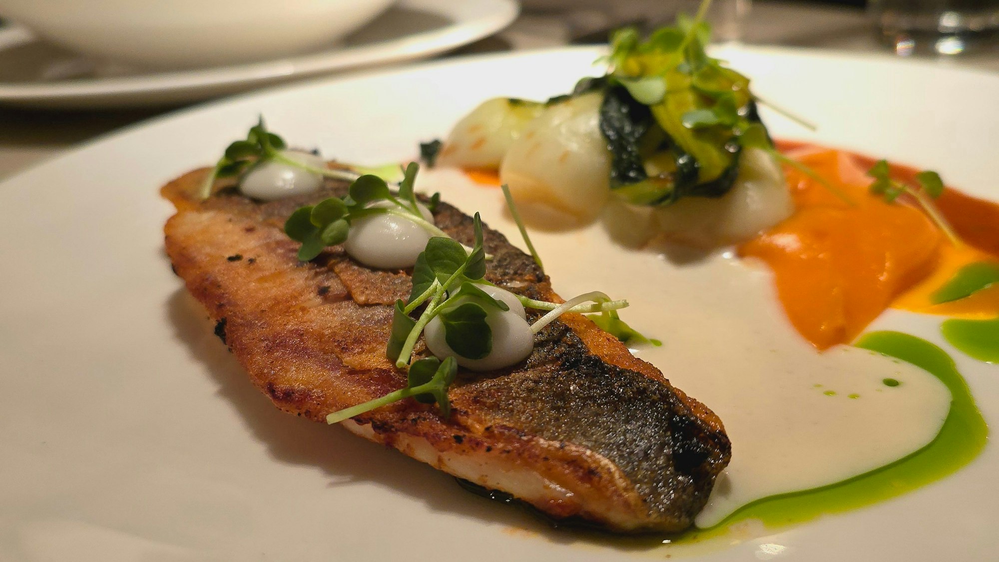 Salóme Wolfsbarsch: A la plancha, Salome’s Tunke aus selbstgemachtem Tomatenmark, Zitrone und Knoblauch, Ingwer-Süßkartoffel-Créme, Pak Choi