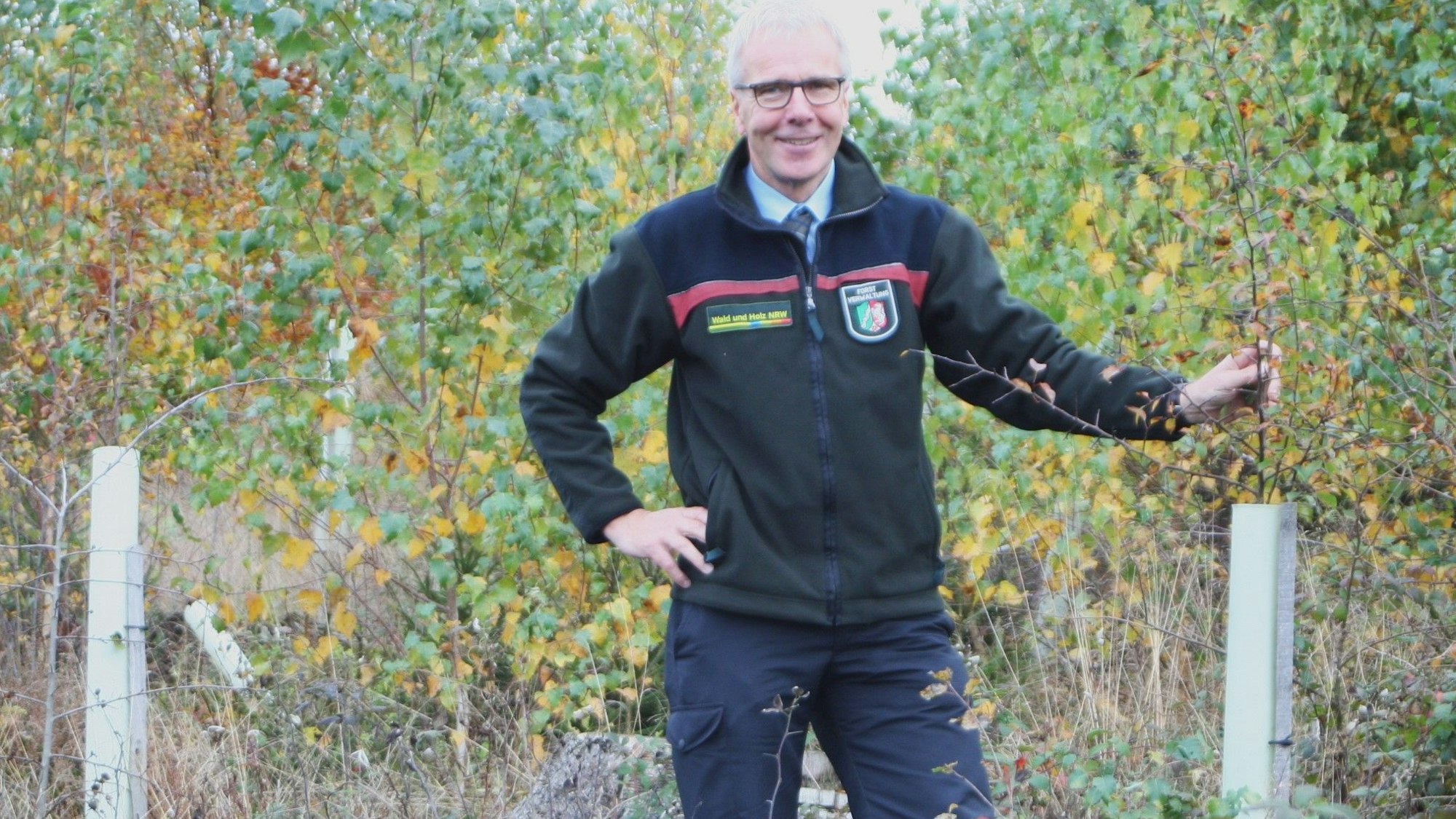 Ein Mann auf einer Lichtung mit neu gepflanzten Wildobstbäumen.