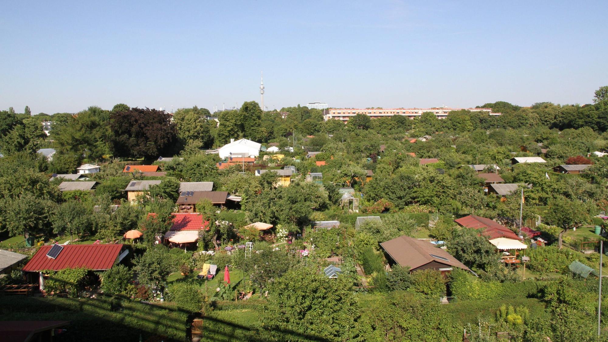 Gartenlauben einer Schrebergartenkolonie von oben.