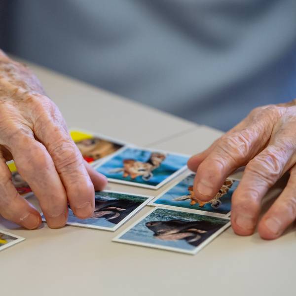 Eine Bewohnerin eines Altenheims spielt auf einer Pflegestation das Spiel „Memory“und legt Kartenpaare zusammen.