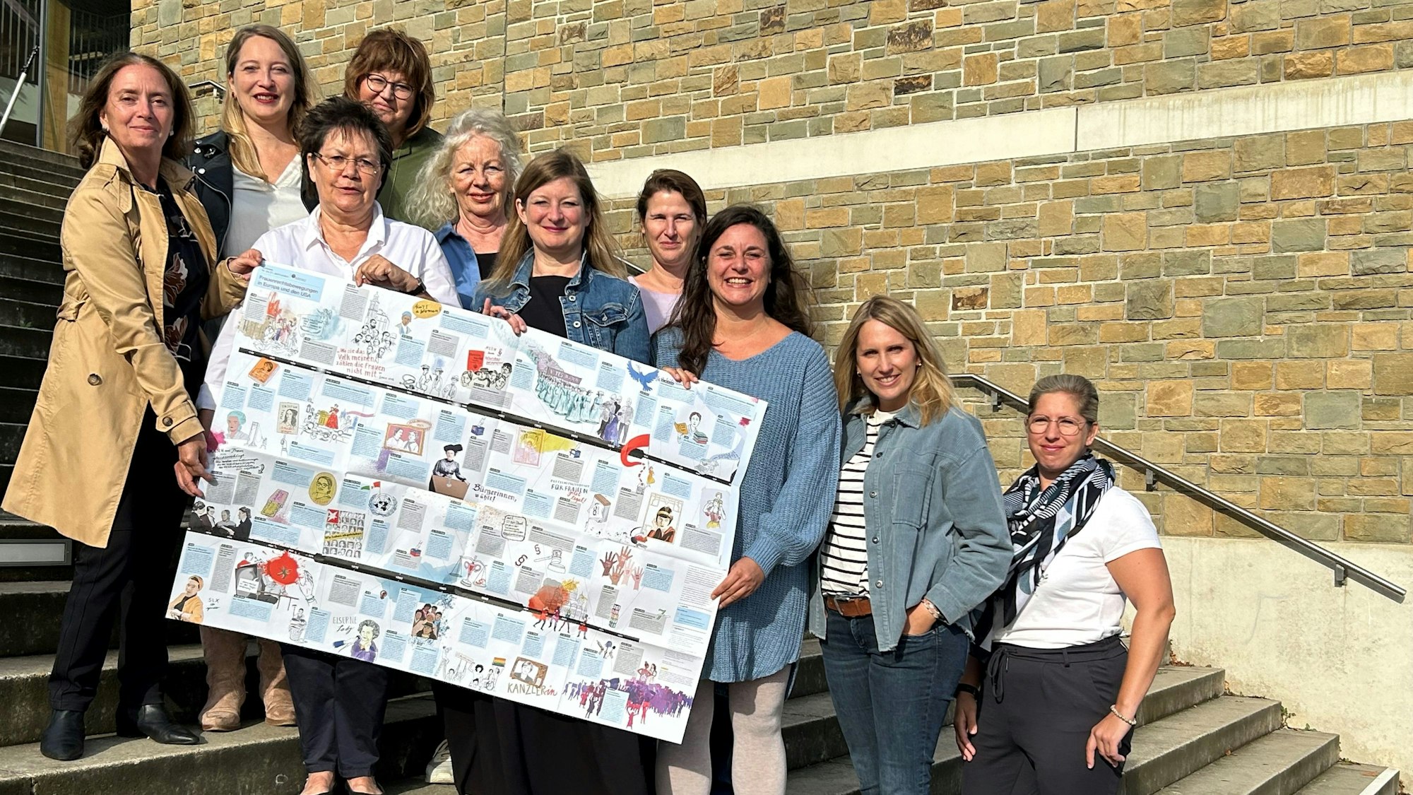 Frauen stehen auf einer Treppe und halten ein Plakat.