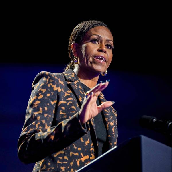 KALAMAZOO, MICHIGAN - OCTOBER 26: Former first lady Michelle Obama speaks ahead of the arrival of Democratic presidential nominee, U.S. Vice President Kamala Harris during a campaign rally at the Wings Event Center on October 26, 2024 in Kalamazoo, Michigan. Vice President Harris will be campaigning today with former first lady Michelle Obama in the battleground swing state of Michigan. With 10 days remaining, Harris continues campaigning against Republican presidential nominee, former U.S. President Donald Trump ahead of the November 5 election. Brandon Bell/Getty Images/AFP (Photo by Brandon Bell / GETTY IMAGES NORTH AMERICA / Getty Images via AFP)