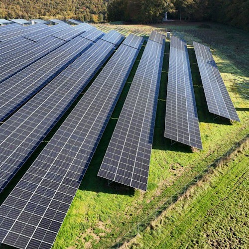 Das Foto zeigt eine PV-Anlage mit in Reihen angeordneten Solarmodulen.