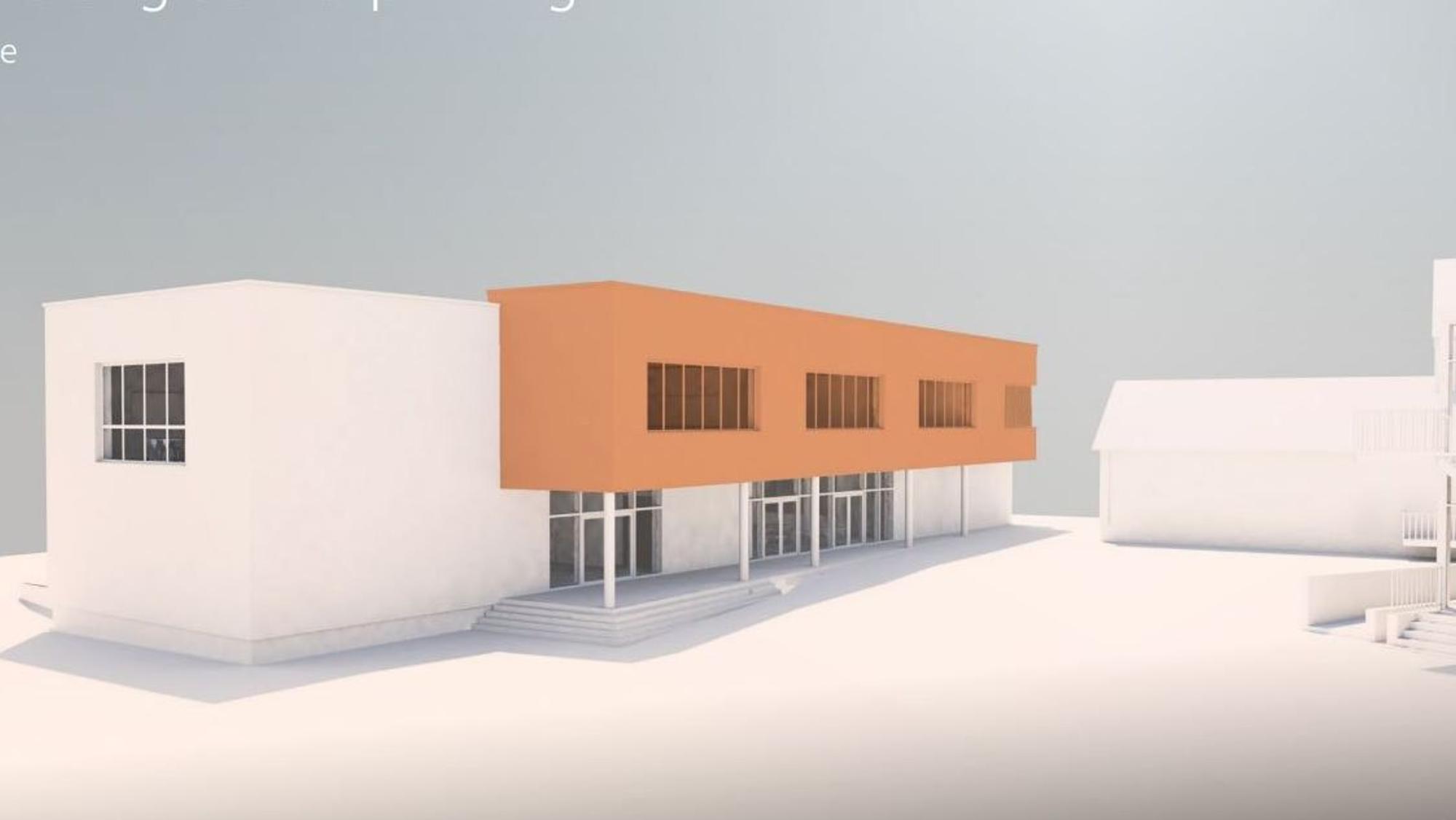 Ansicht Schulseite: Der Erweiterungsbau der Katholischen Grundschule Buisdorf mit dem überdachten Eingangsbereich, geplant von Beyss-Architekten.