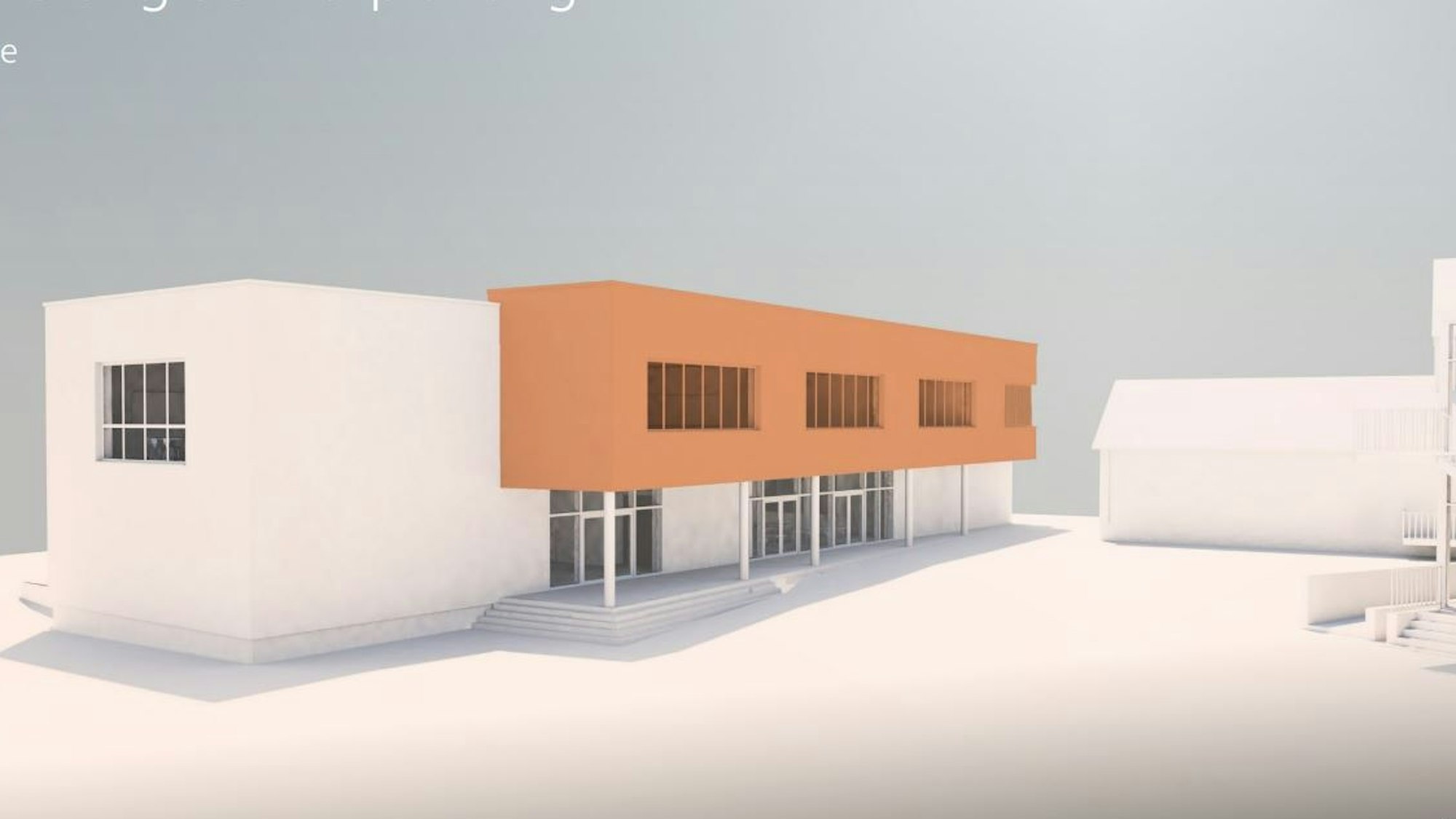 Ansicht Schulseite: Der Erweiterungsbau der Katholischen Grundschule Buisdorf mit dem überdachten Eingangsbereich, geplant von Beyss-Architekten.