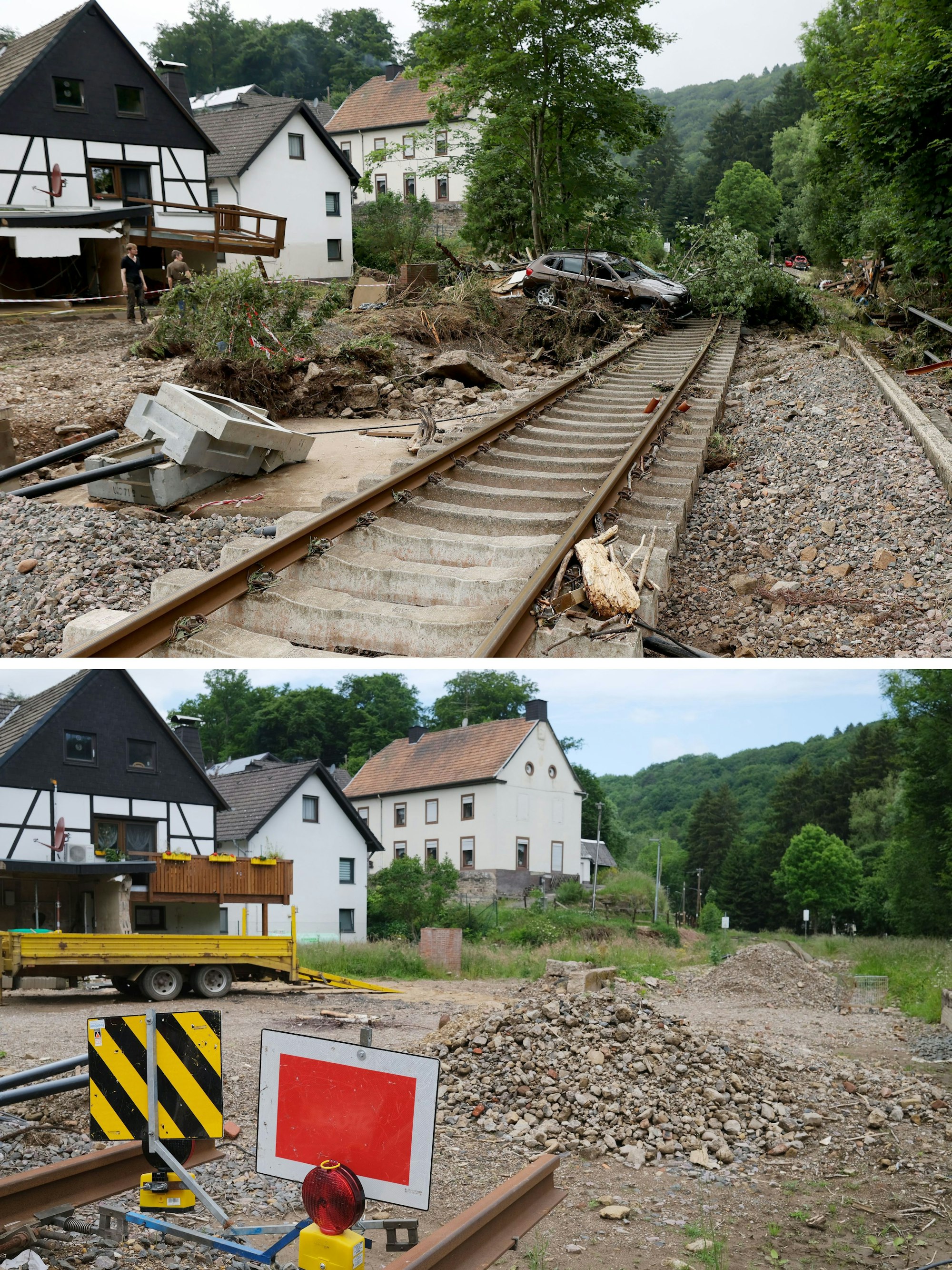 PRODUKTION - 09.06.2022, Nordrhein-Westfalen, Urft: KOMBO - Ein weggeschwemmter PKW liegt am 16.07.2021 in Urft auf den Bahngleisen der Bahnstrecke Köln-Trier (oben). Bahngleise der Bahnstrecke Köln-Trier enden am 09.06.2022 in Urft vor einem Schutthaufen. Knapp ein Jahr nach der Flutkatastrophe von 2021 sind in den betroffenen Orten immer noch die Folgen sichtbar.