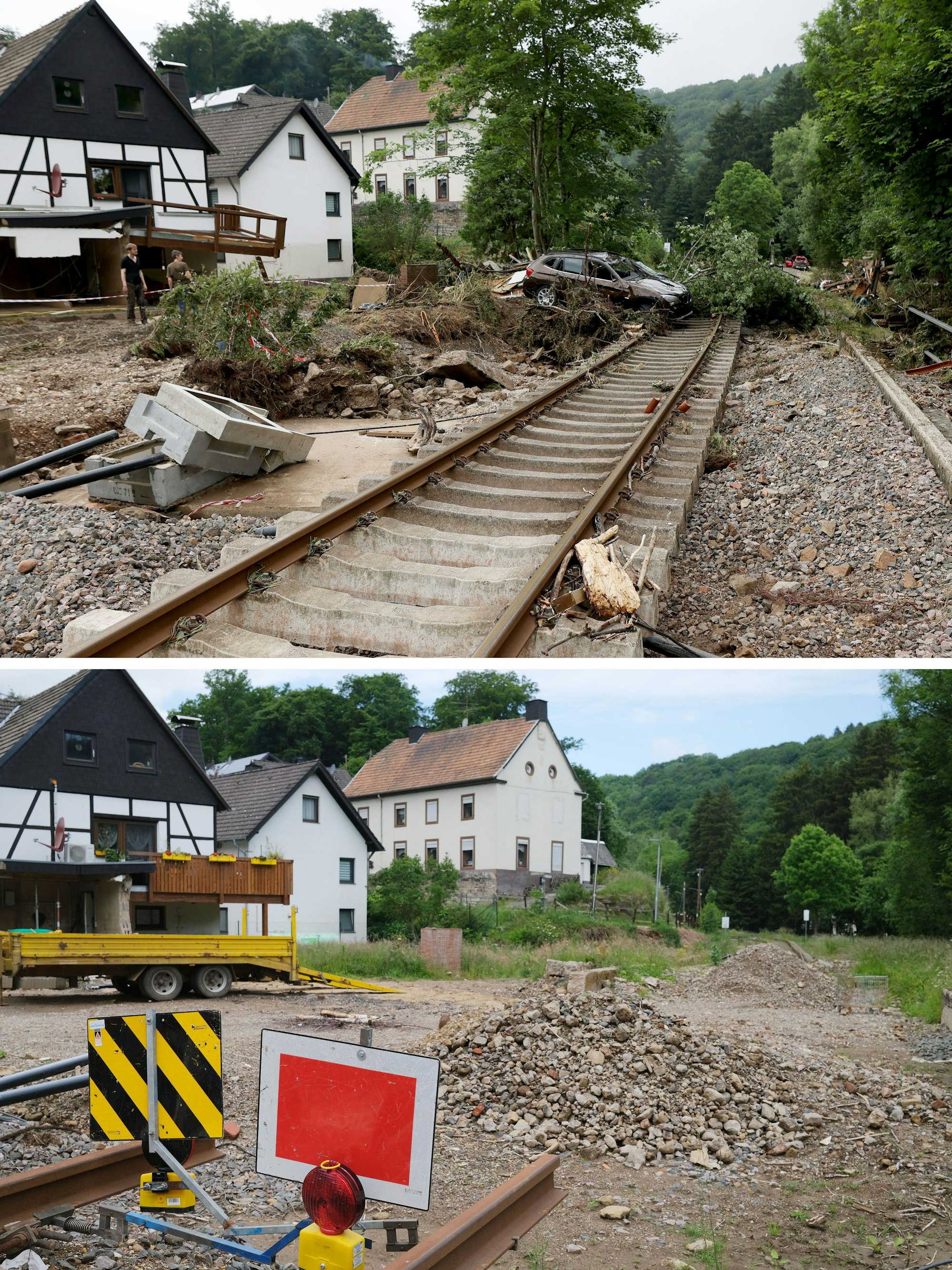 PRODUKTION - 09.06.2022, Nordrhein-Westfalen, Urft: KOMBO - Ein weggeschwemmter PKW liegt am 16.07.2021 in Urft auf den Bahngleisen der Bahnstrecke Köln-Trier (oben). Bahngleise der Bahnstrecke Köln-Trier enden am 09.06.2022 in Urft vor einem Schutthaufen. Knapp ein Jahr nach der Flutkatastrophe von 2021 sind in den betroffenen Orten immer noch die Folgen sichtbar.