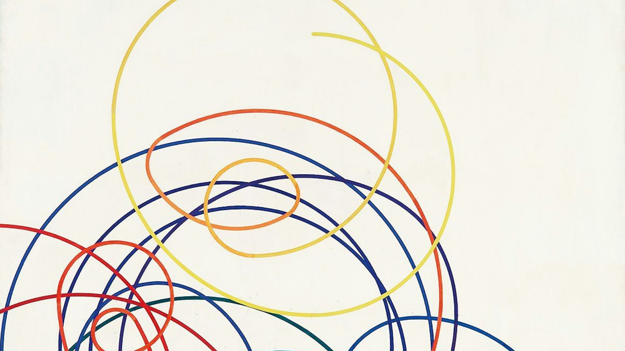 Eine farbige Linie zieht sich in weiten Bögen über eine Leinwand.