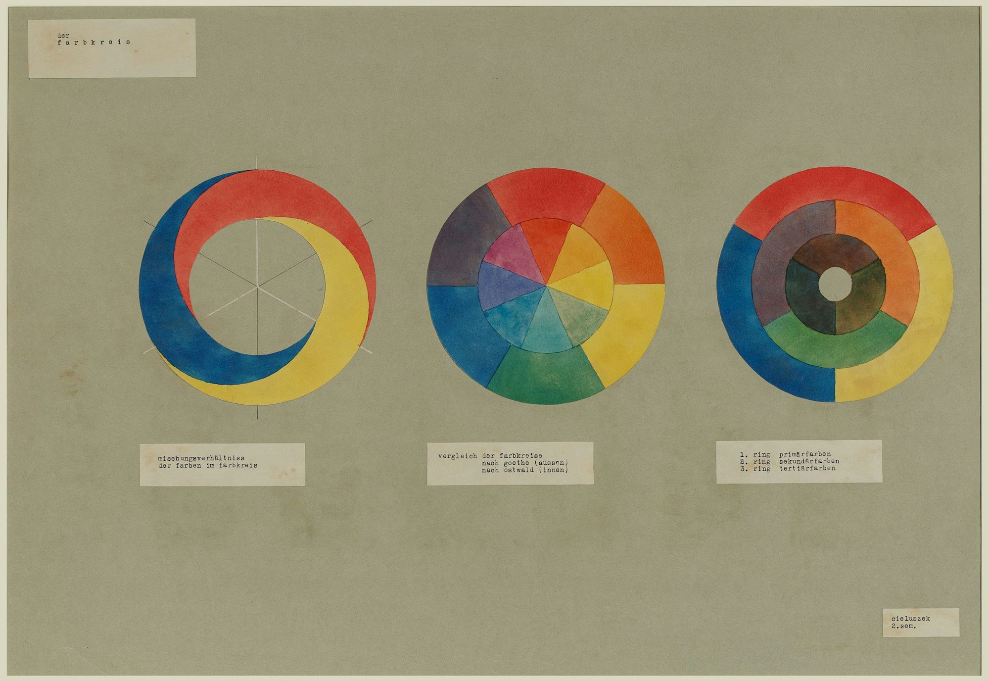 Drei mehrfarbige Kreise stehen auf grauem Grund.