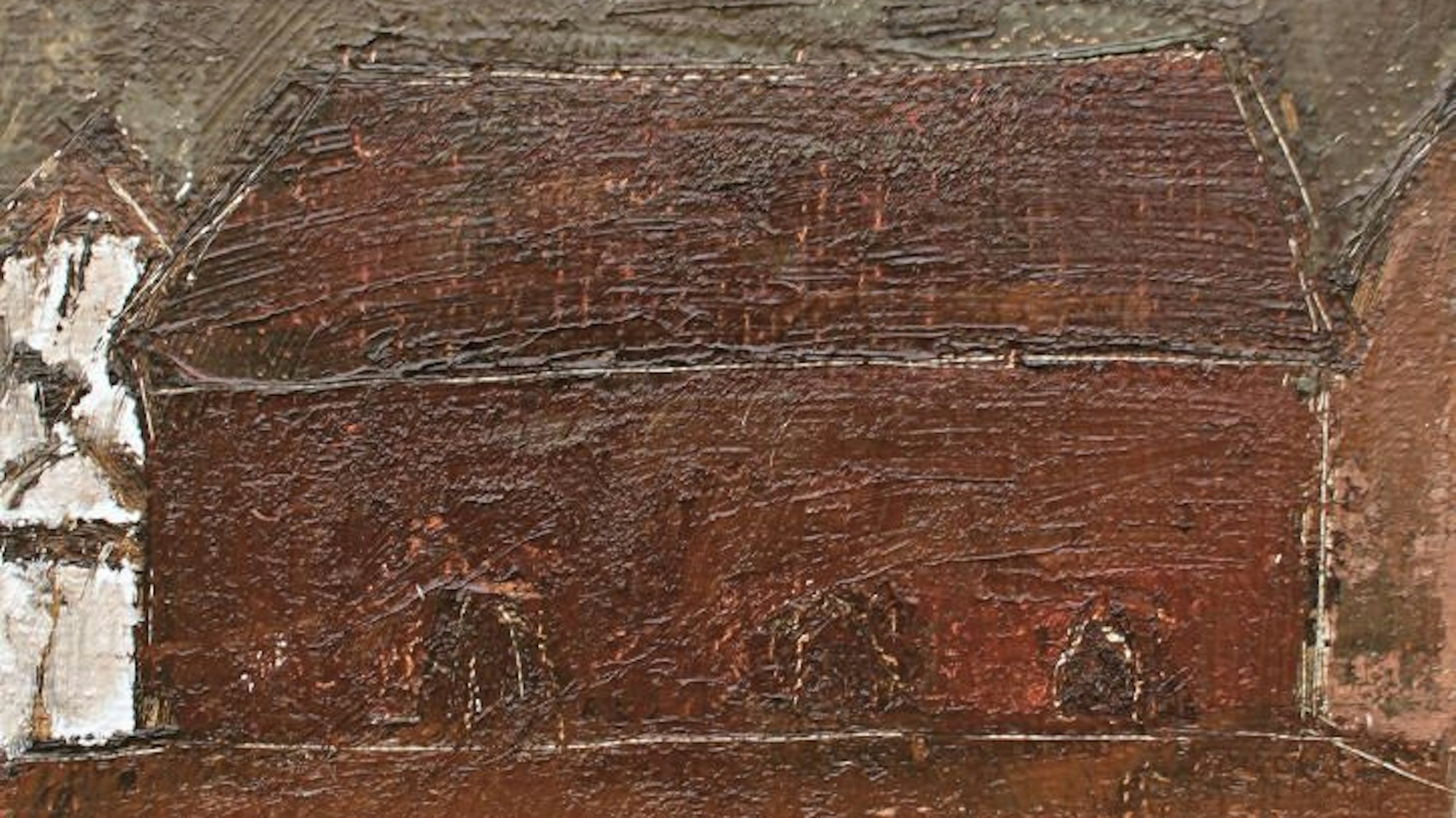 Ein Gemälde zeigt ein rotbraunes Gebäude