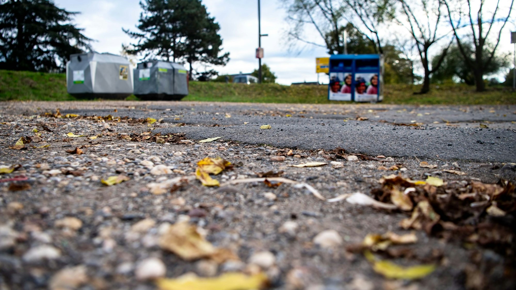 Blätter liegen auf einem Parkplatz. Die Asphaltdecke ist geflickt. Im Hintergrund stehen Leergut- und Altkleidercontainer.