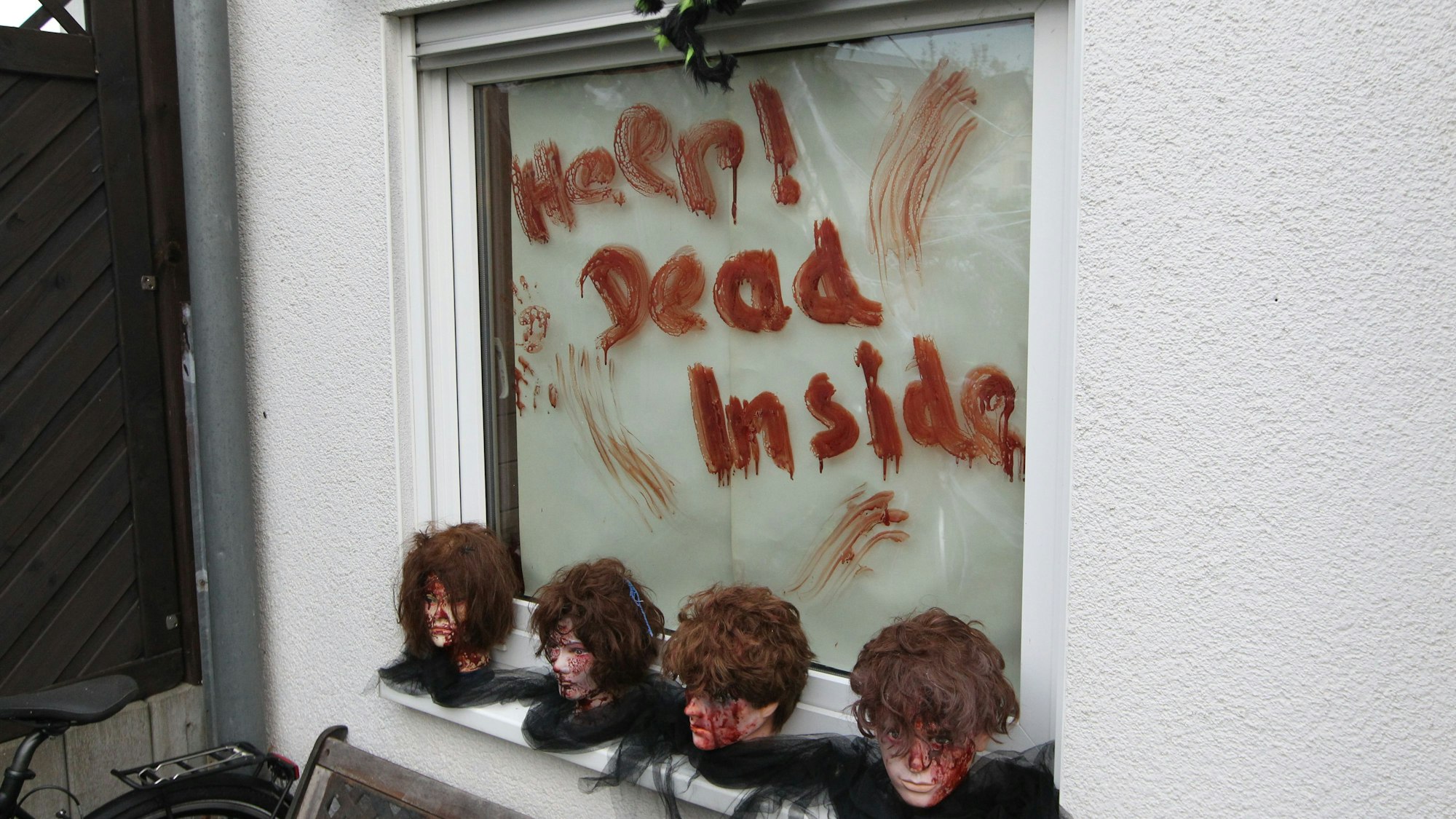 Blutverschmierte Frisierköpfe stehen auf der Fensterbank.